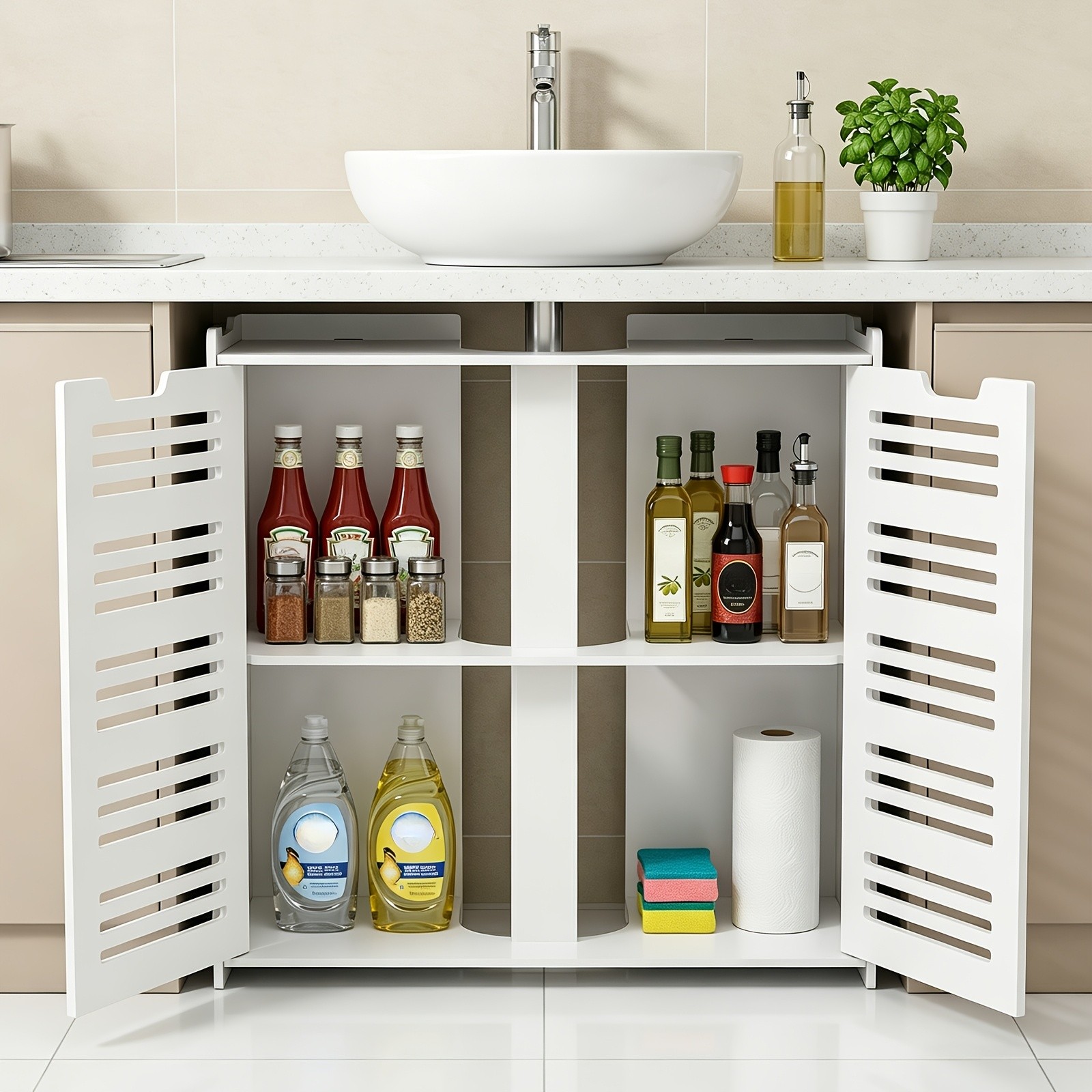 Modern White Bathroom Vanity Cabinet with Storage, Space Saving Under Sink Organ