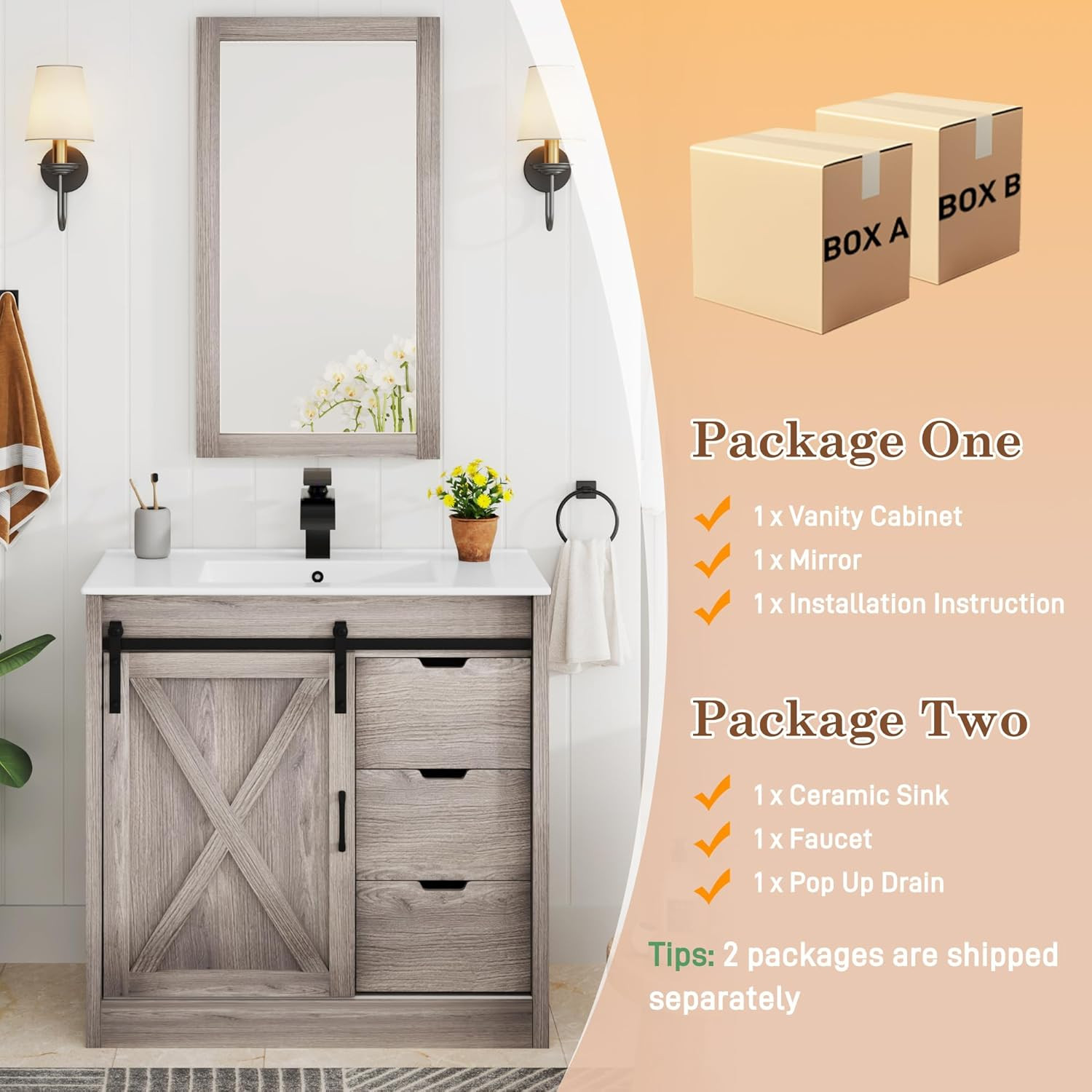 36 Inch Bathroom Vanity with Sink & Faucet & Mirror, Farmhouse Bathroom Vanity C