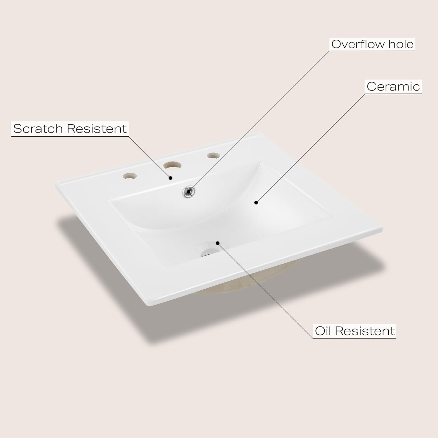 Contemporary 20″ White Ceramic Sink Top with Overflow Drain – Easy Install