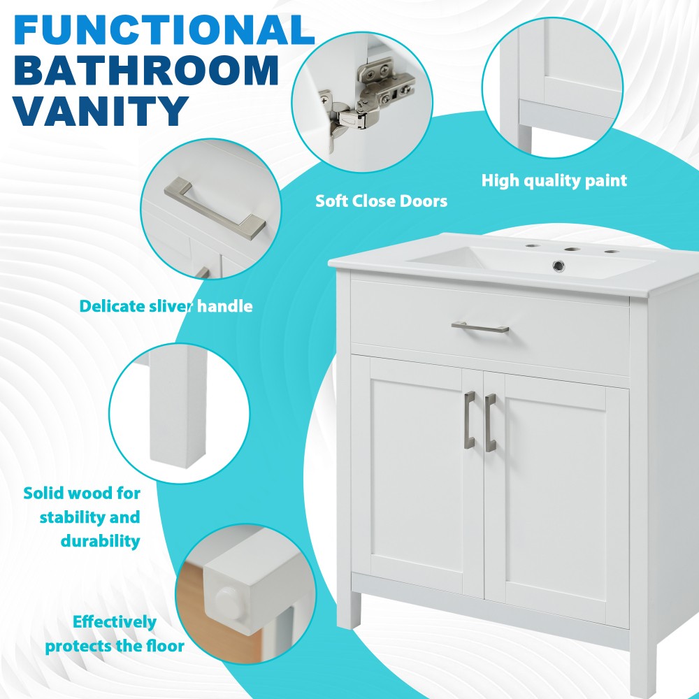 30″ Bathroom Vanity Ceramic Sink Soft Close 2 Door Drawer Silver Storage Cabinet