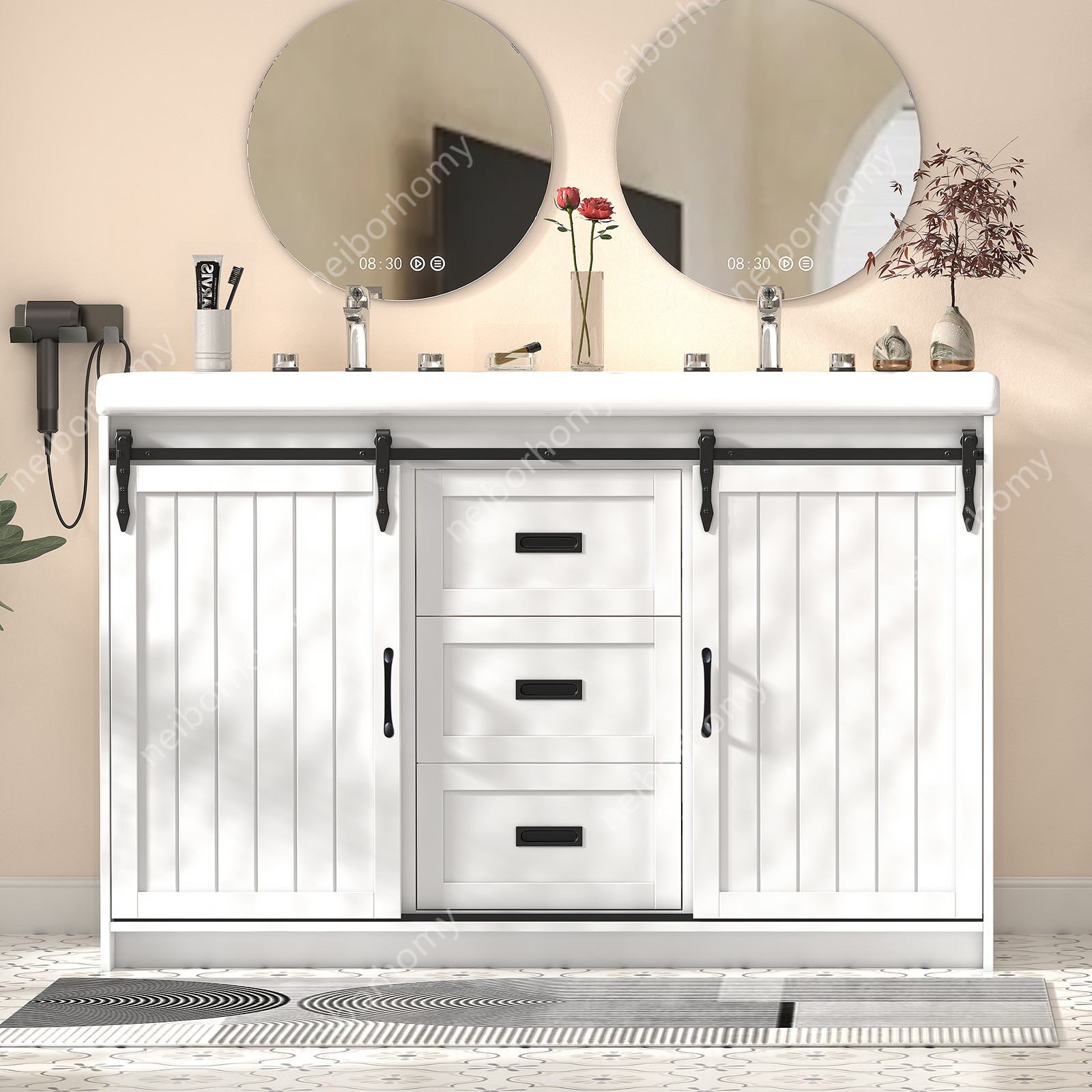 47″ Bathroom Double Sink Vanity Cabinet Ceramic Vessel Double Sink Cabinet White