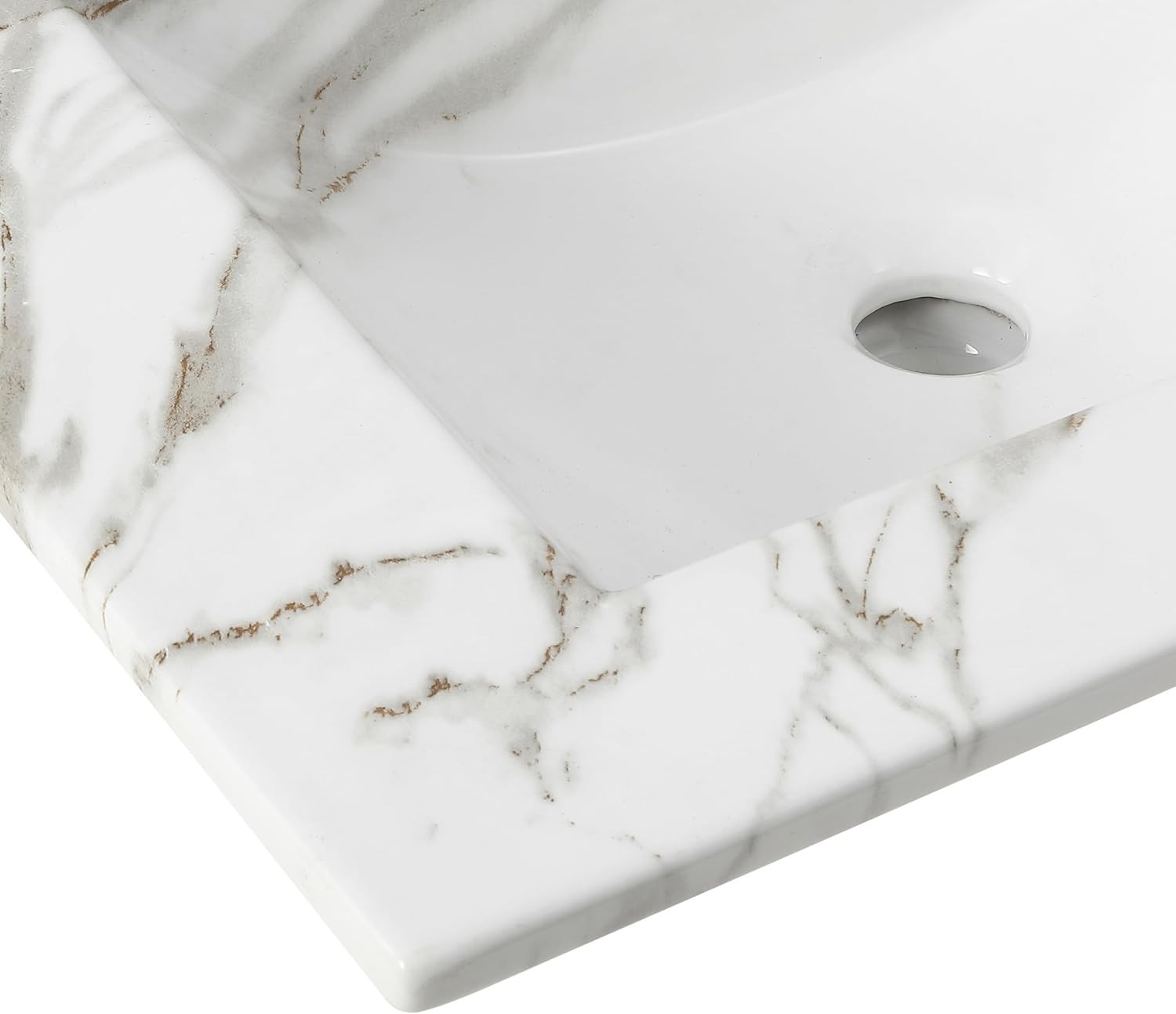 Elegant 24″ Ceramic Vanity Sink Top White Marble Effect Rectangular 3-Hole