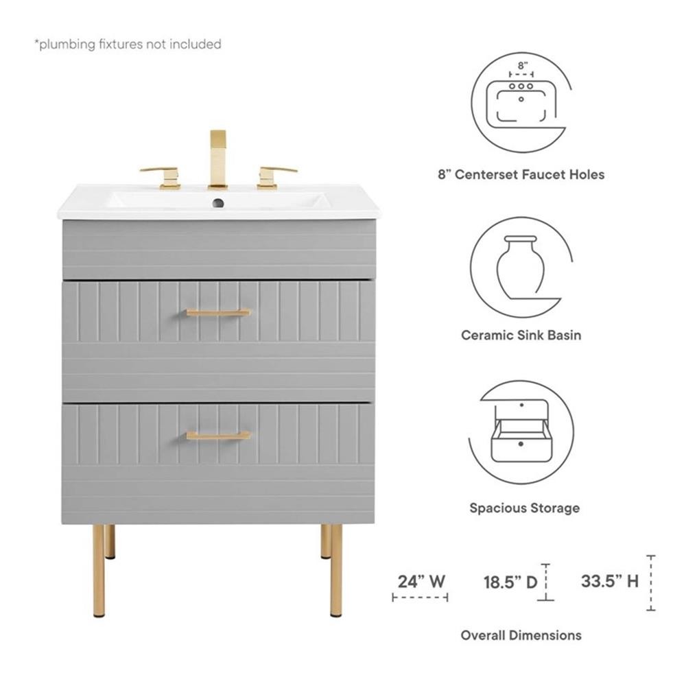 Pemberly Row 24″ Modern Wood/Ceramic Bathroom Vanity with Gold Legs in Gray