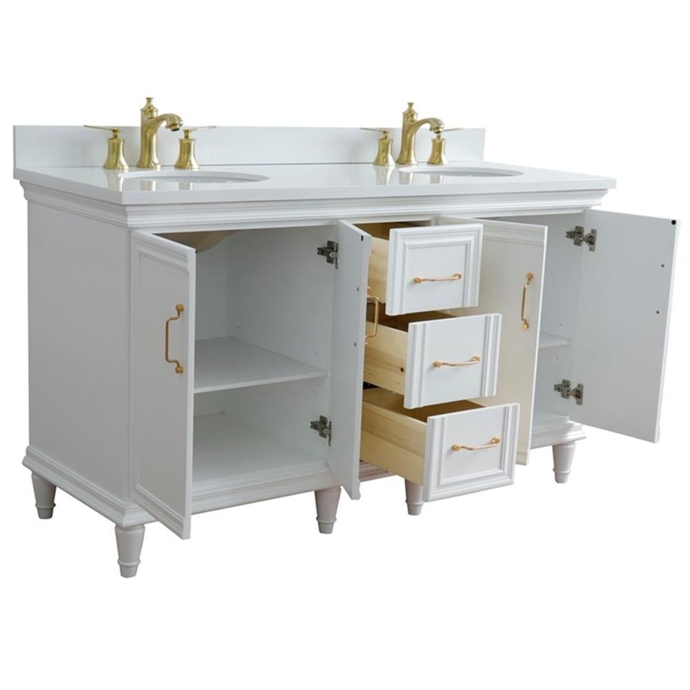 61 in. Double Wooden Vanity White White Quartz Oval Sink