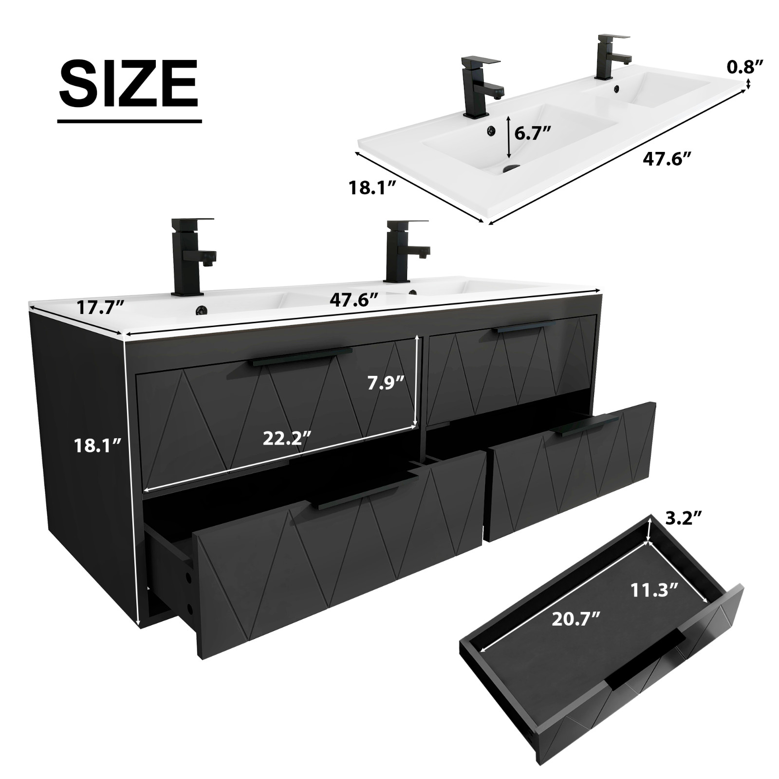 Bathroom Vanity Wall Mounted Cabinet with Ceramic Sink Combo Faucet Drain