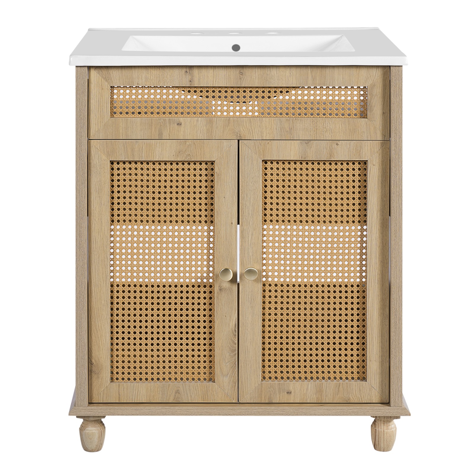 30″ Bathroom Vanity w/Rattan Doors, Solid Wood Legs & Resin Basin Natural Wood