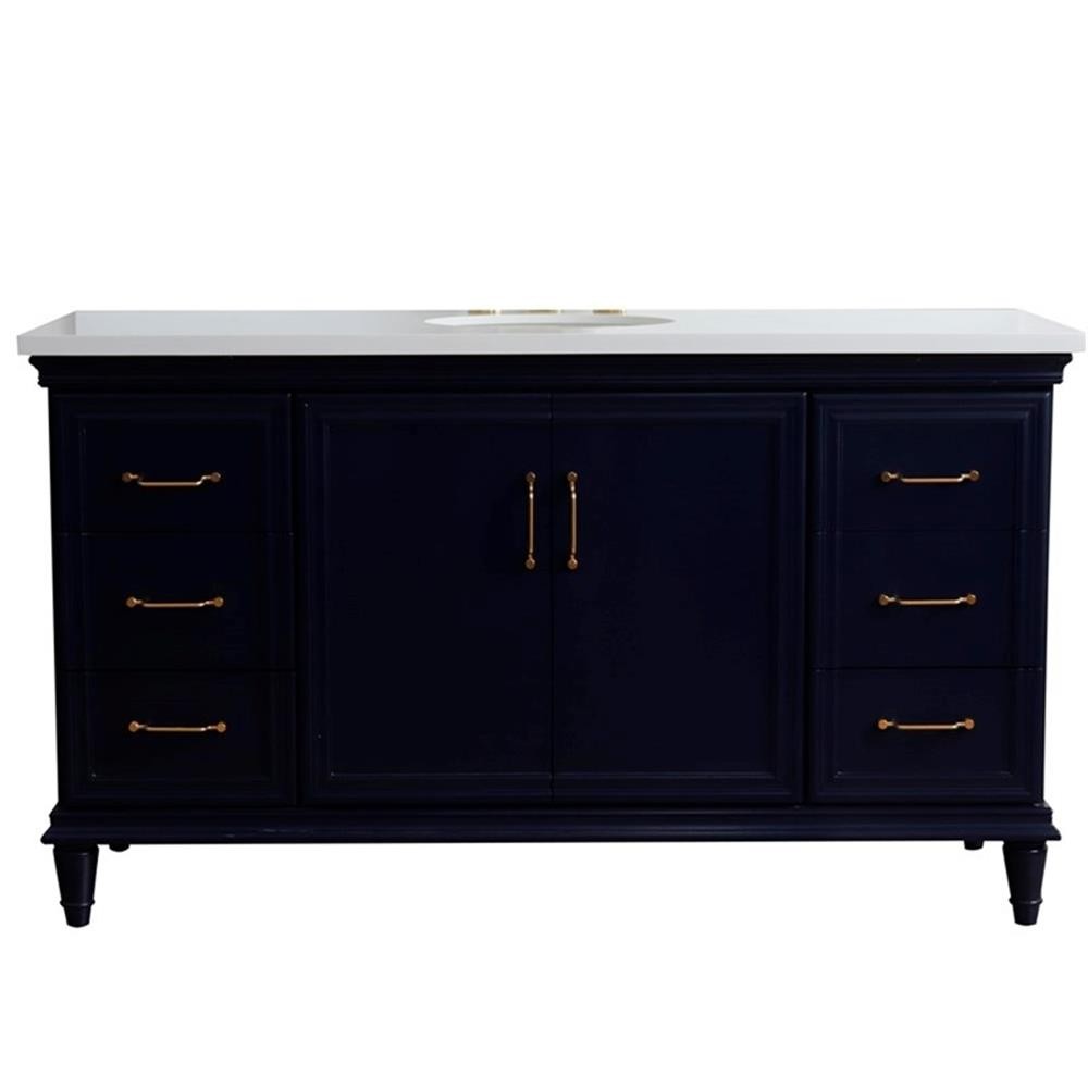61 in. Single Wooden Vanity Blue White Quartz Oval Sink