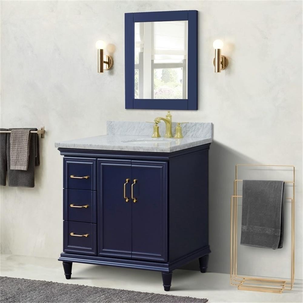 37 in. Single Wooden Vanity Blue White Carrara Oval Right Door.Right Sink
