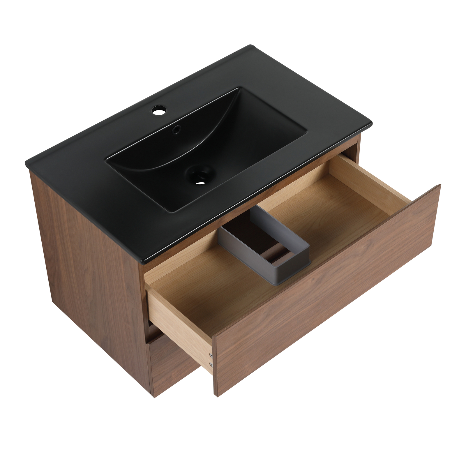 30 Inch Floating Wall Mounted Bathroom Vanity +Black Ceramic Sink 2 Drawer Brown