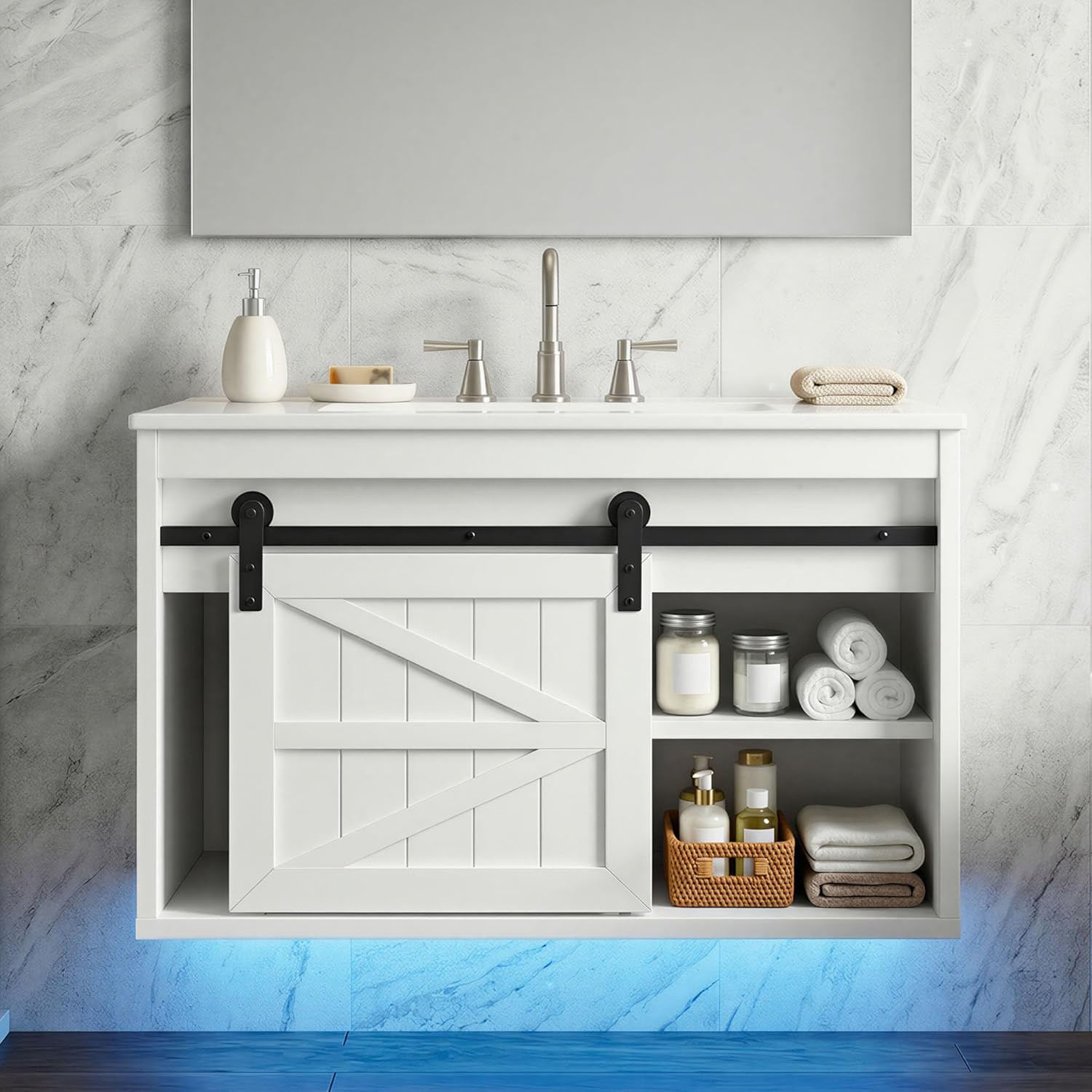 24″ LED Bathroom Vanity with Sink & Farmhouse Sliding Barn Door Cabinet