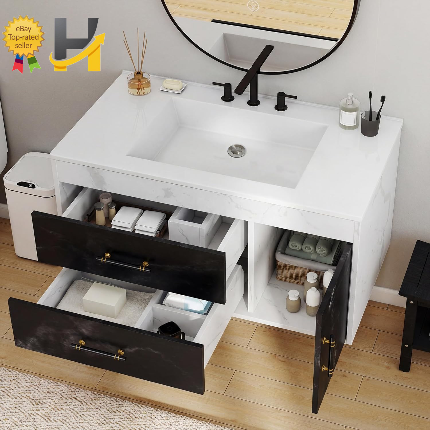37″ Floating Bathroom Vanity with Sink Wall Mounted Cabinet Black White