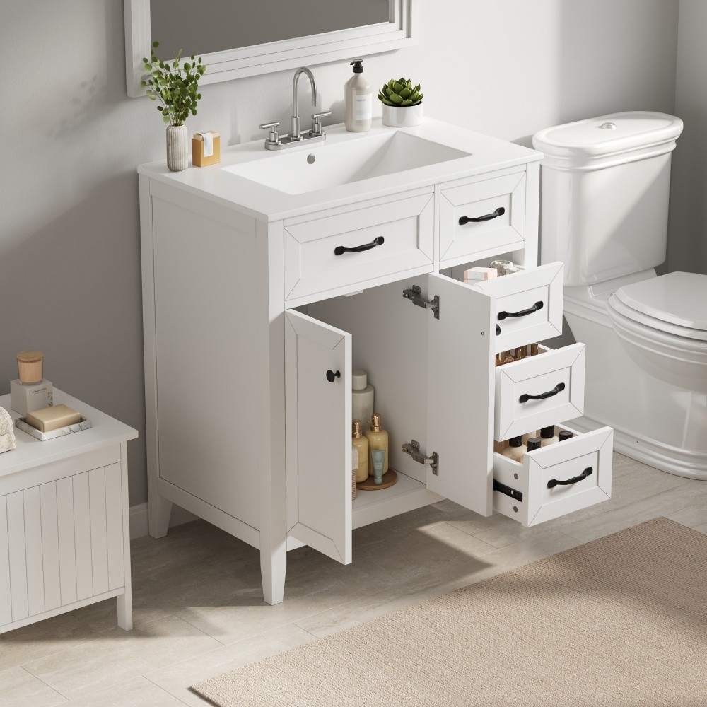 30″ White Bathroom Vanity with Ceramic Sink Freestanding Vanity with Black Metal