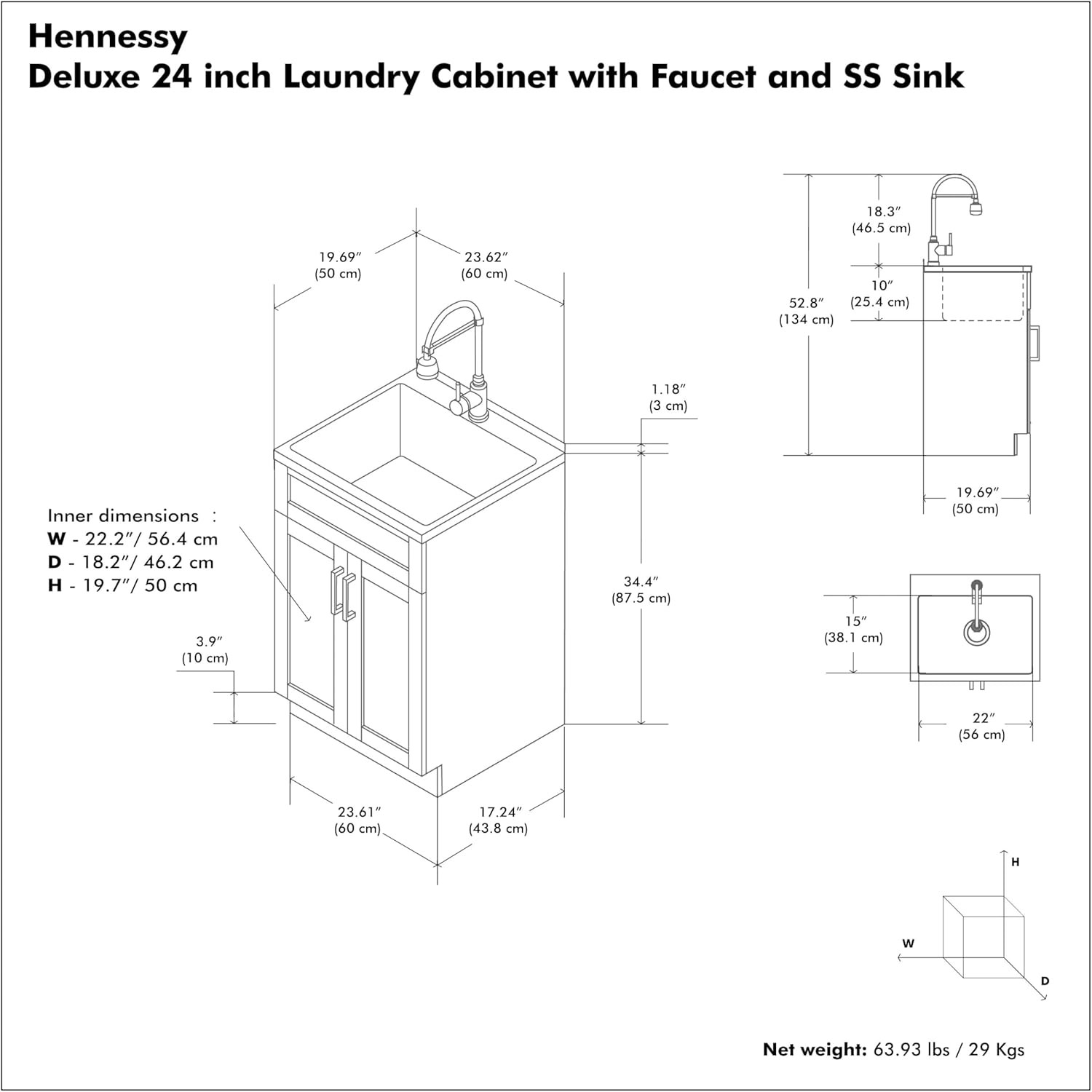 Hennessy All-In-One 24 Inch Wide Utility Sink and Laundry Cabinet in Pure White