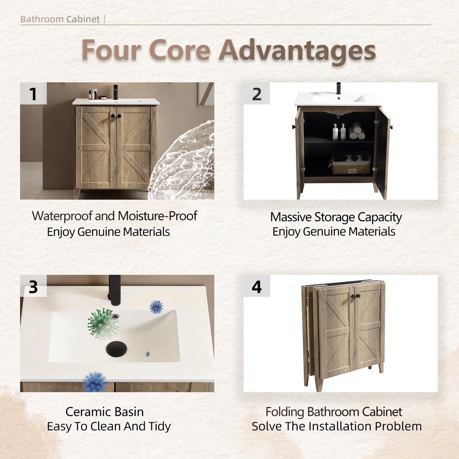 30″ Antique Grey Folding Floor Cabinet With Ceramic Sink Modern Storage Cabinet