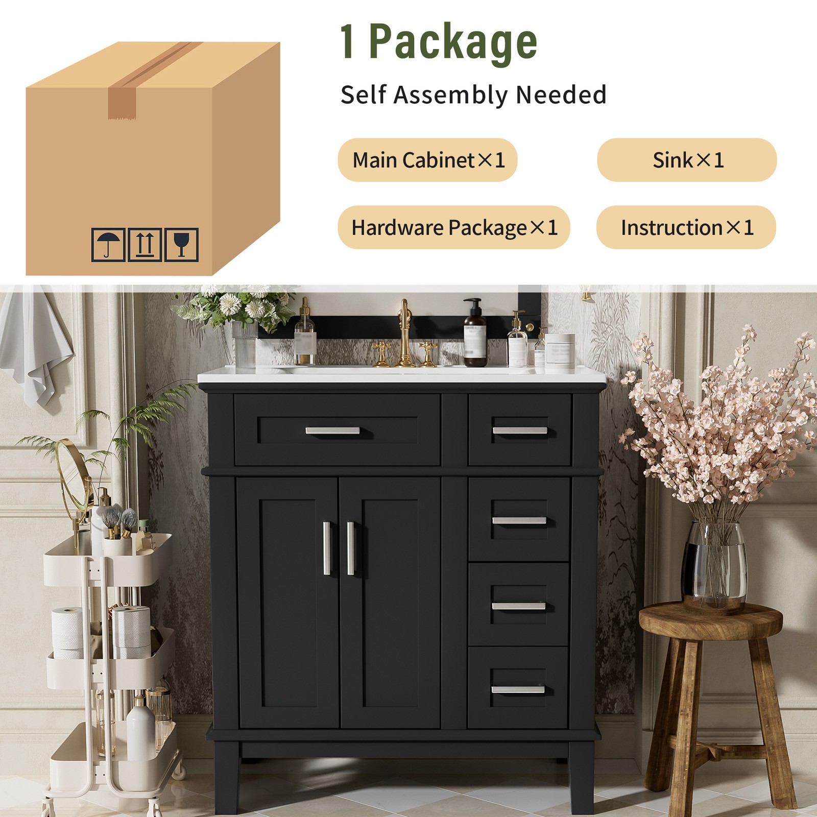 30″ Bathroom Vanity with Ceramic Sink, Soft-Close Doors & Drawers