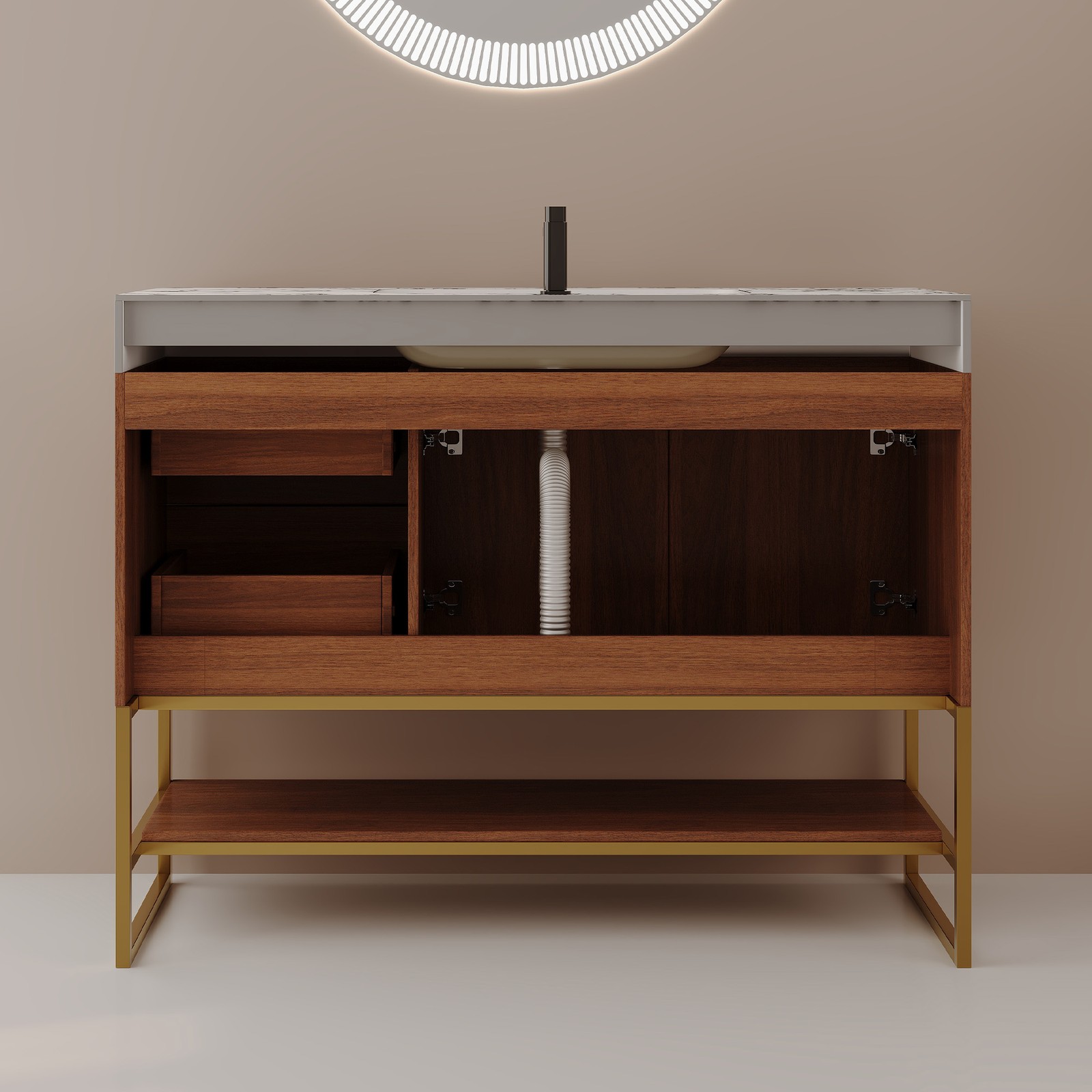 36″ Modern Bathroom Vanity w/Seamless Ceramic Sink & Sintered Stone Top Walnut