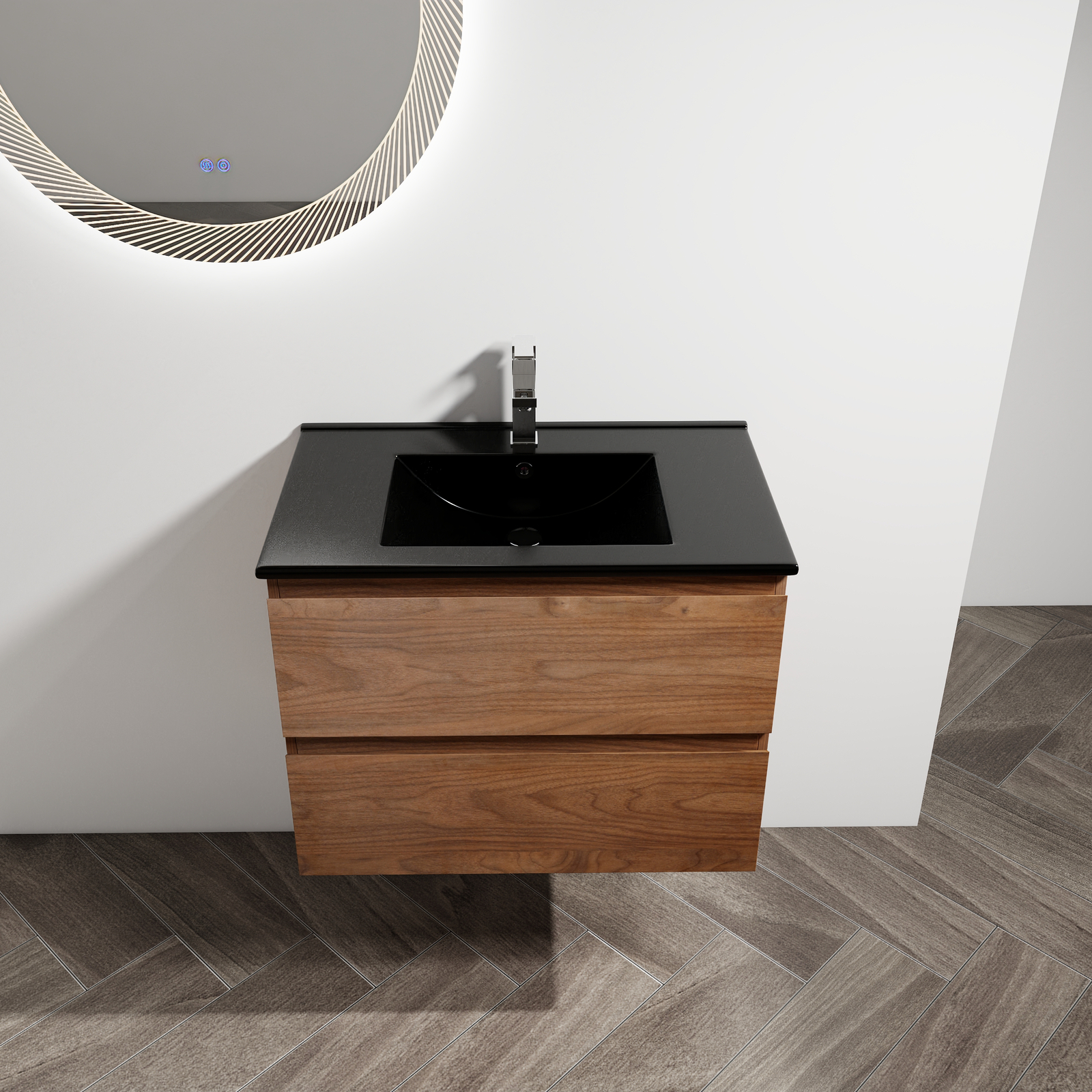 30 Inch Floating Wall Mounted Bathroom Vanity +Black Ceramic Sink 2 Drawer Brown