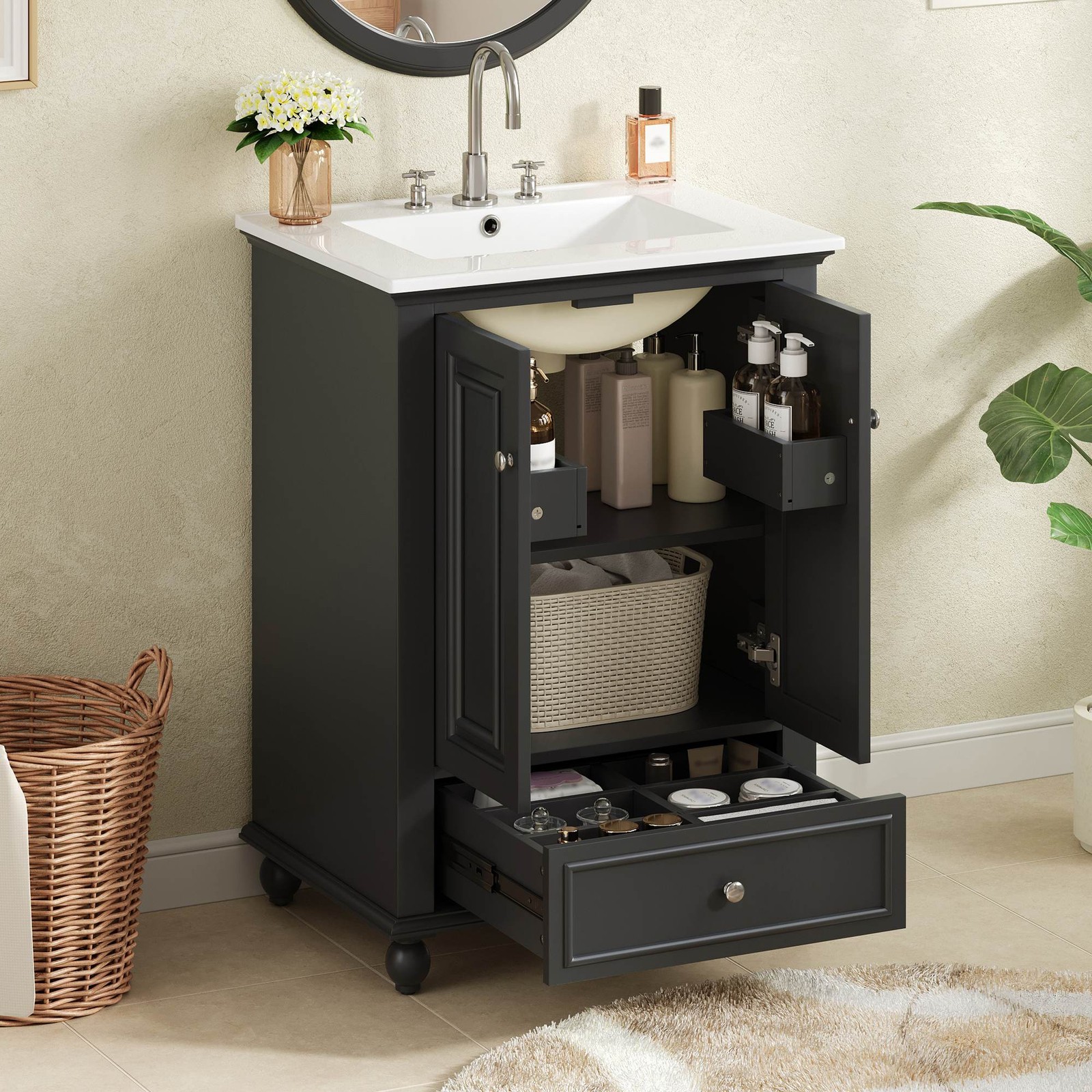 FUNIDEE 24″ Bathroom Vanity Storage Cabinet with Ceramic Sink & Drawer Black