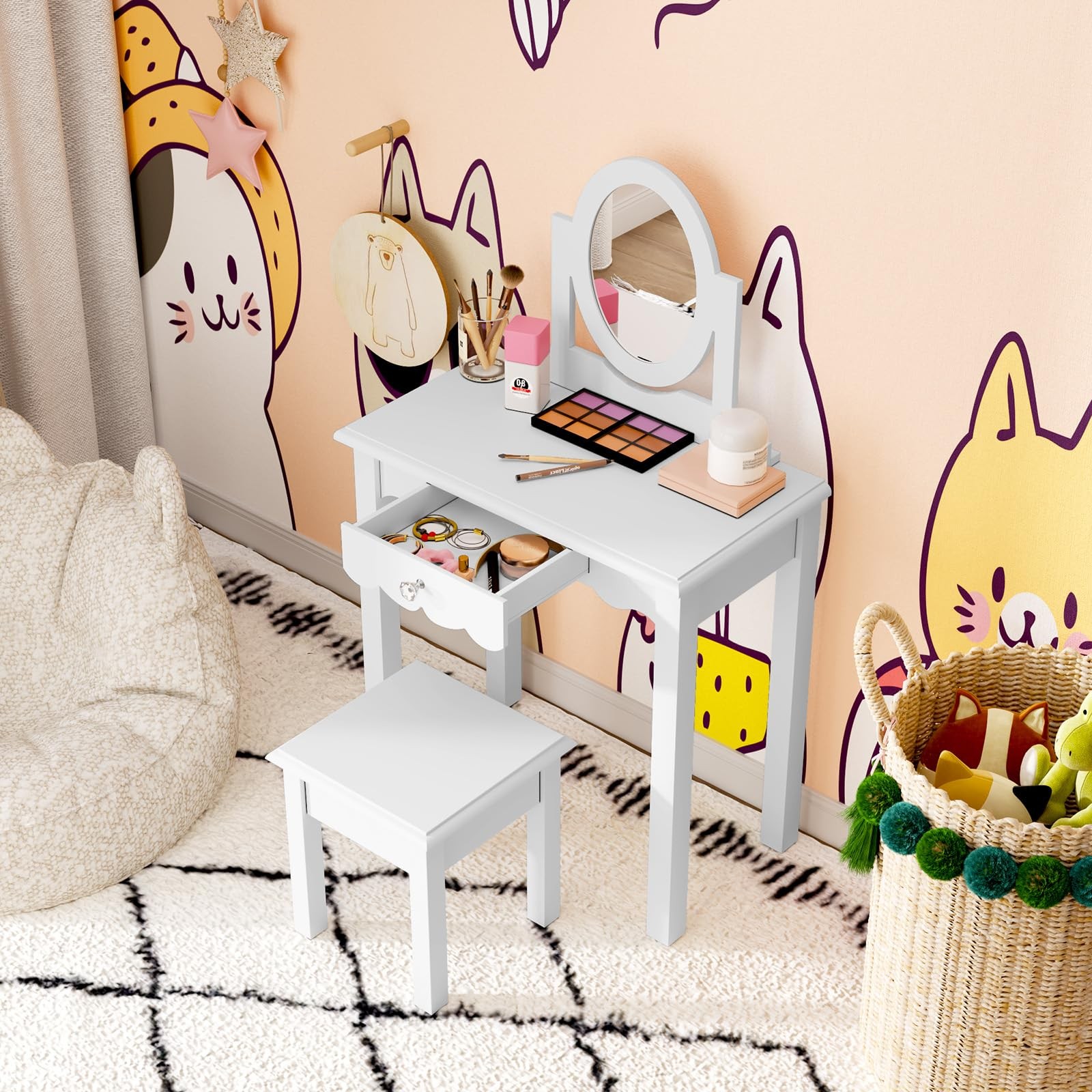 Kids Vanity Set Mirror Stool Wooden Makeup Desk Detachable Top Drawer White