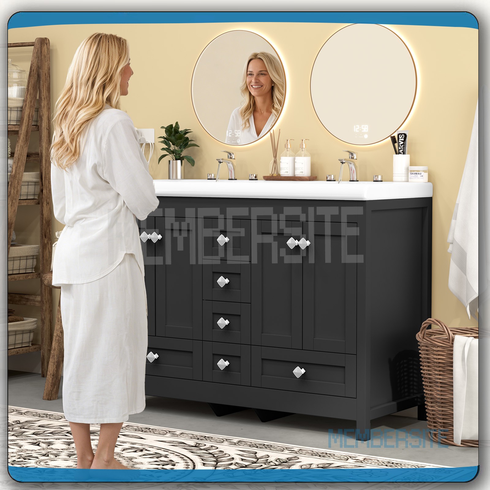 Black Bathroom Vanity Cabinet 47.3″ Double Ceramic Sinks , 2 Doors & 6 Drawers