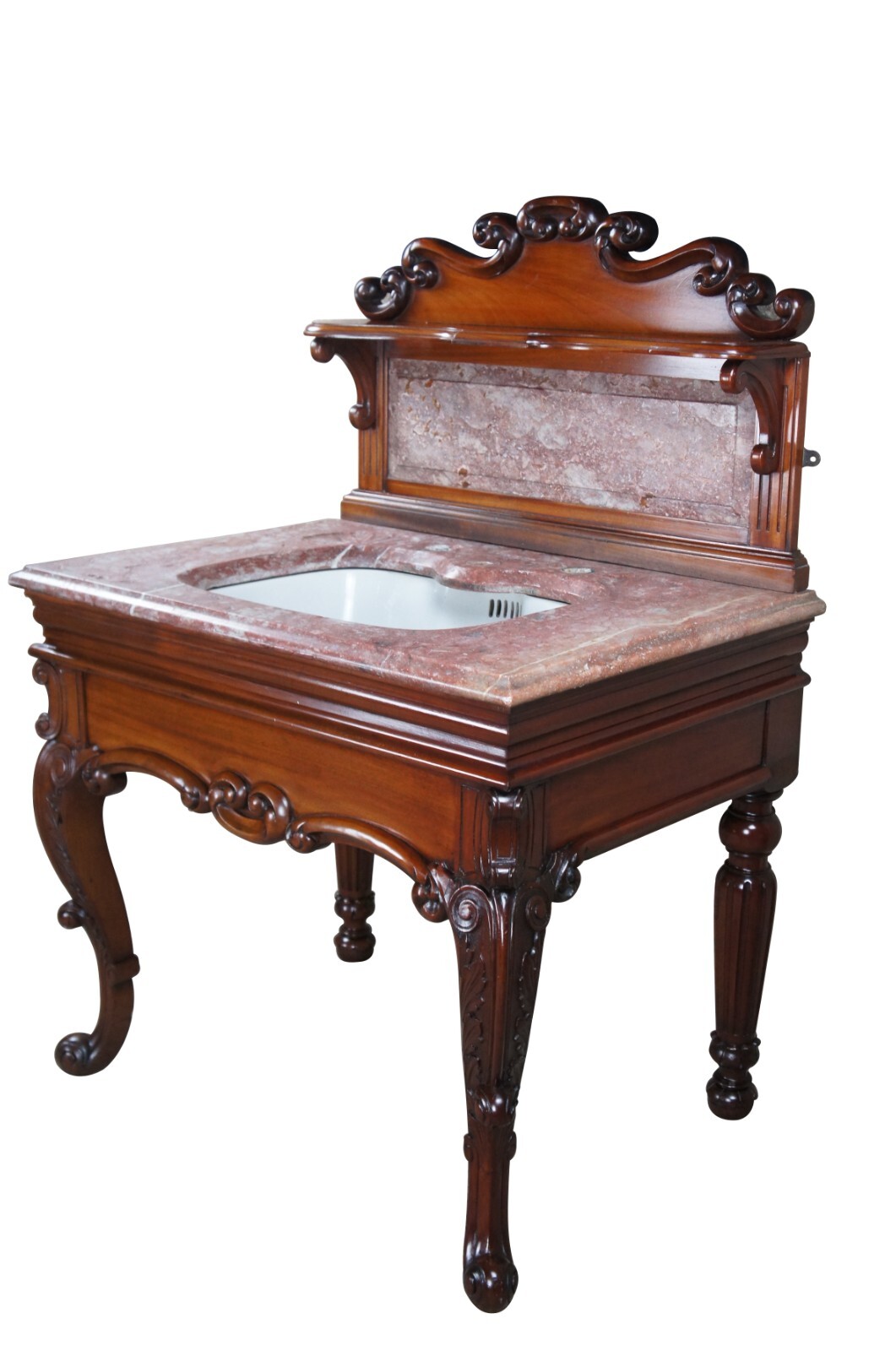 Rare Antique French Victorian Mahogany Marble Top Bathroom Vanity Porcelain Sink