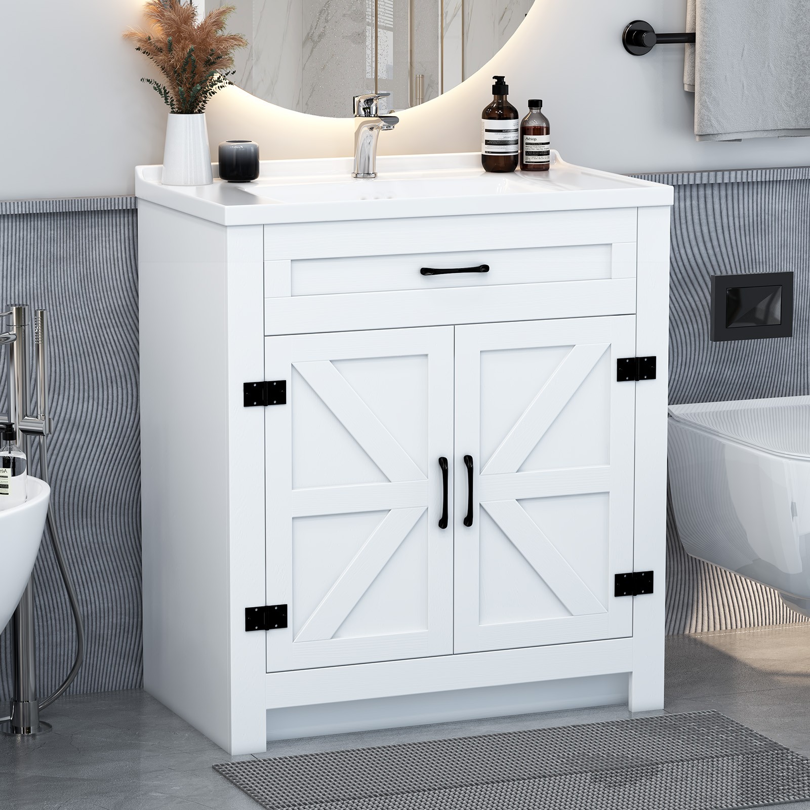 31in White Bathroom Vanity with Ceramic Sink,Divider Drawer & 2 Soft-close Doors