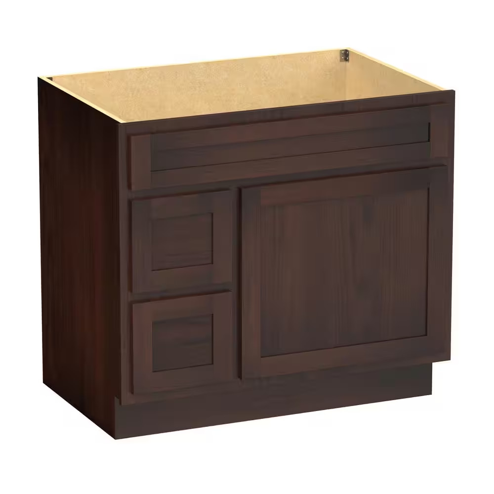 36 In. W X 21 In. D X 32.5 In. H 2-Left Drawers Bath Vanity Cabinet Only in Brow