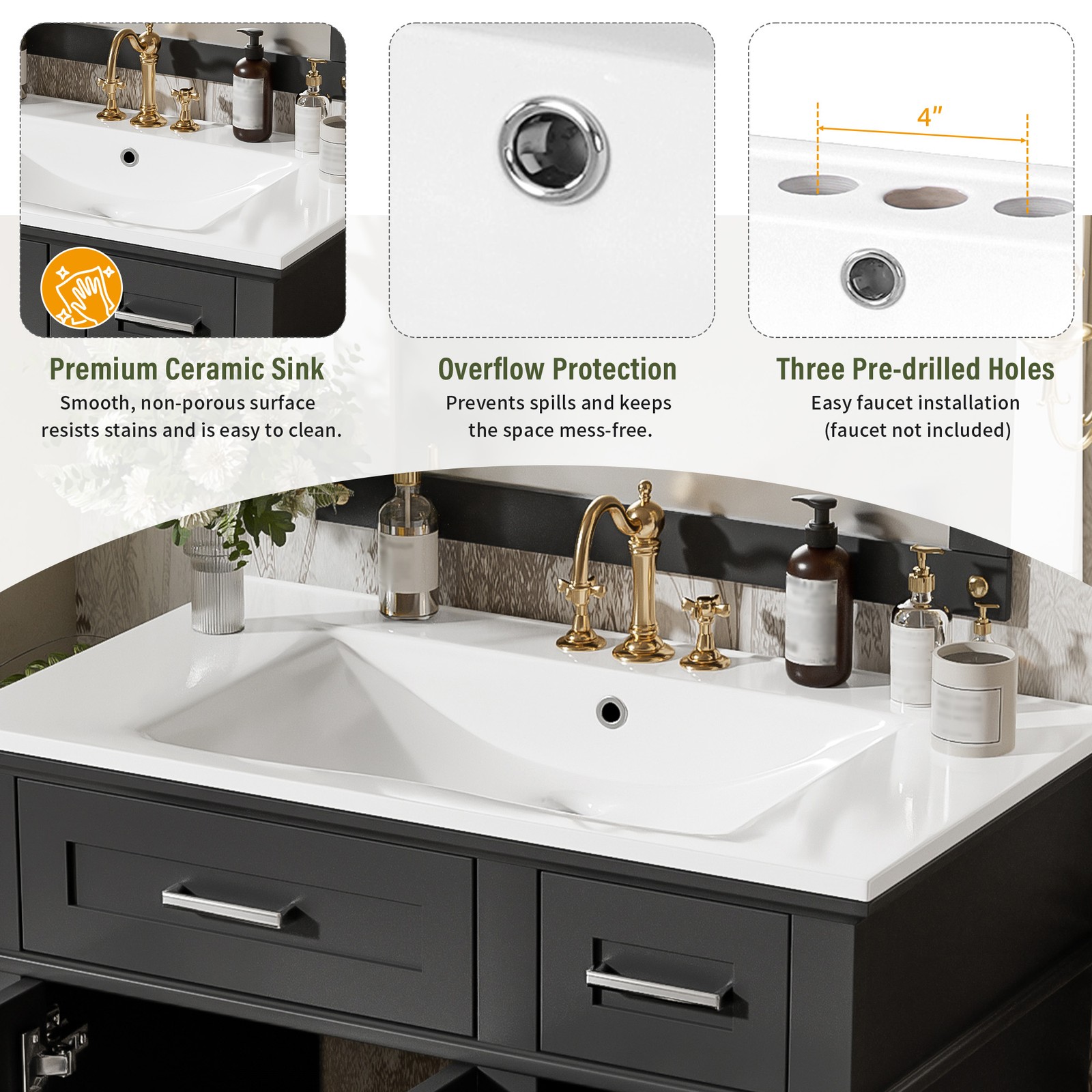 30″ Bathroom Vanity with Ceramic Sink, Soft-Close Doors & Drawers