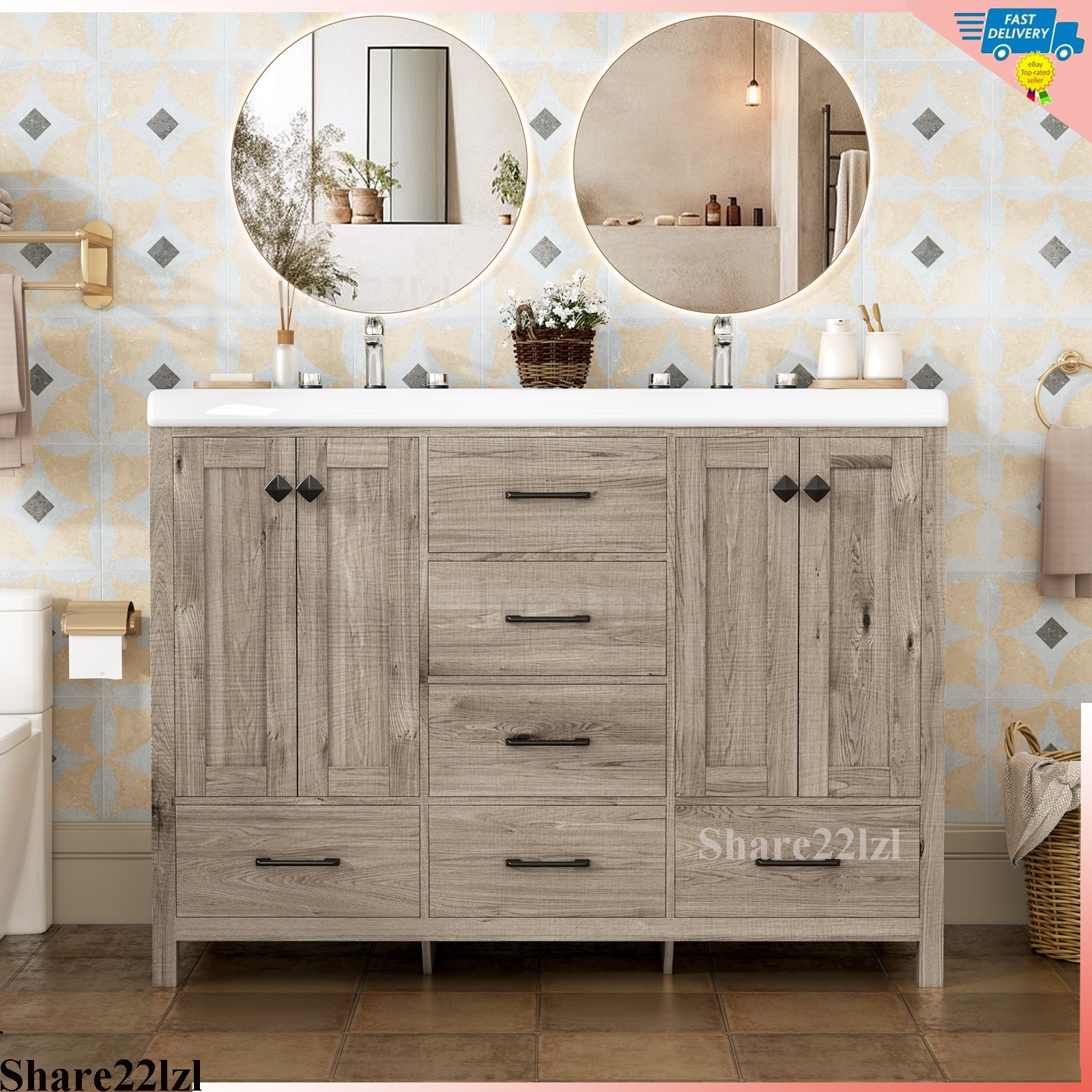 47″ Bathroom Vanity with Double Sink Combo Storage Cabinet w/ Doors and Drawers