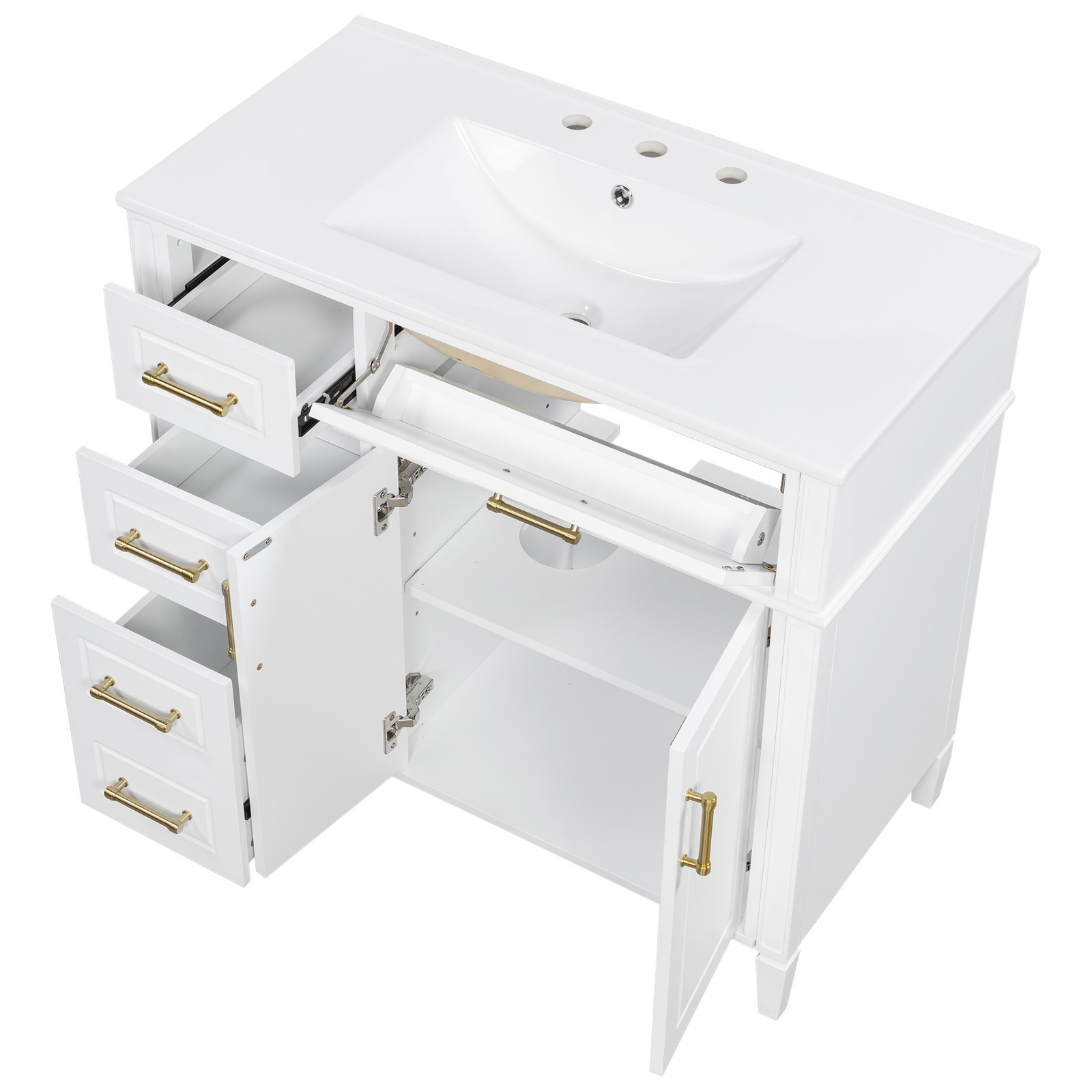 Bathroom Vanity w/Ceramic Sink,Wood Storage Cabinet w/Drawers &Adjustable Shelf