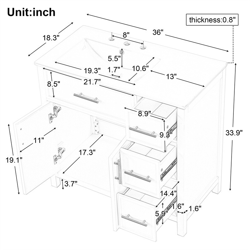 36″ White Bathroom Vanity w/Ceramic Sink Bathroom Cabinet w/2 Doors & 3 Drawers