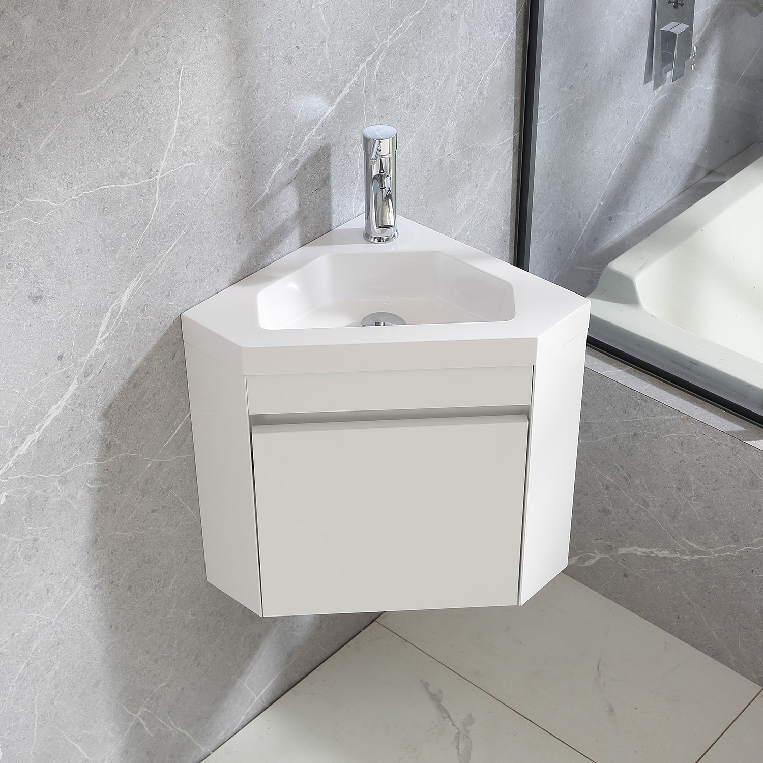 22″ Corner Wall Mounted Bathroom Vanity Floating Cabinet w/Sink for Small Space