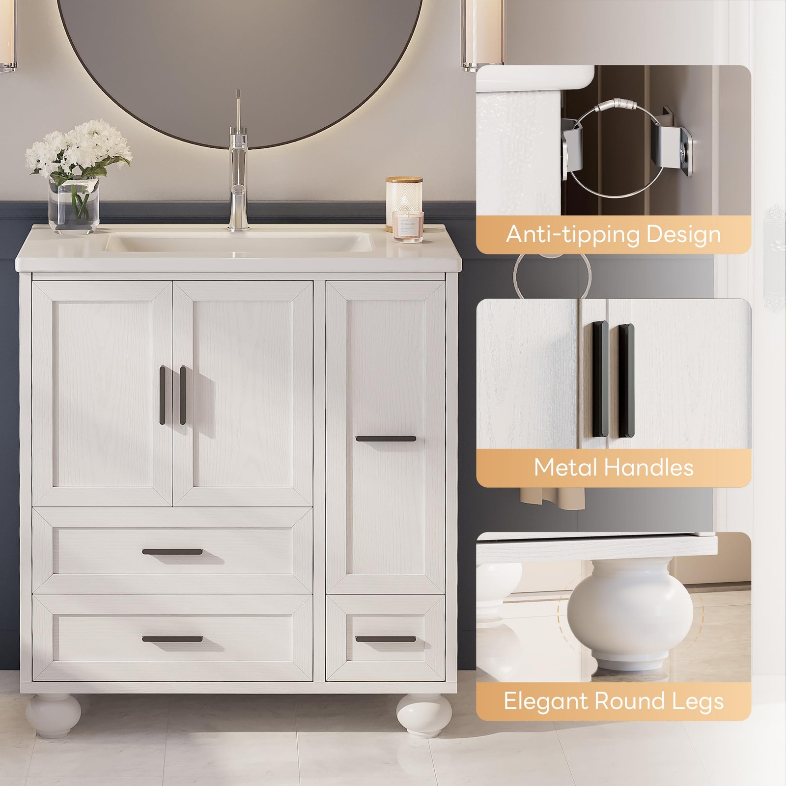29.5″ Bathroom Vanity with Sink, Hair Tool Drawer, 4 Solid Legs, 4 Drawers 2 …