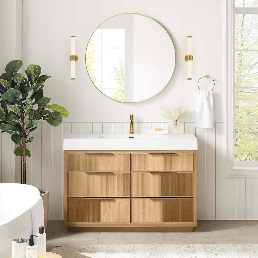 Hohhot 48″ Single Bath Vanity in Washed Ash Grey with White Stone Top