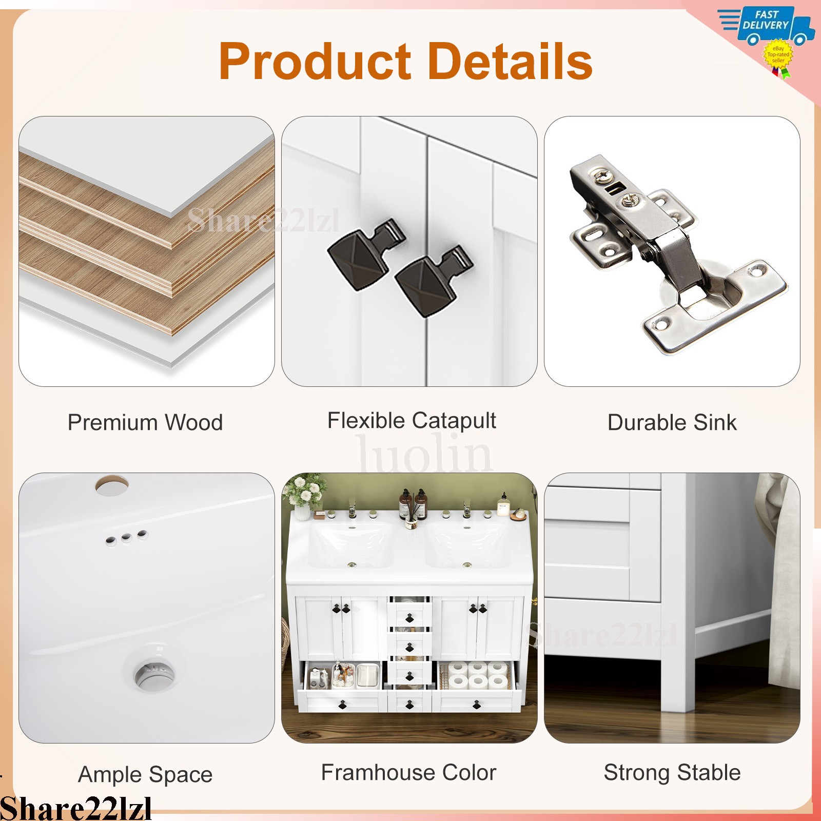 47inch Bathroom Vanity Bathroom Storage Cabinet with Double Ceramic Sink White