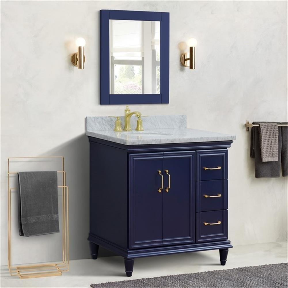 37 in. Single Wooden Vanity Blue White Carrara Oval Left Door.Left Sink