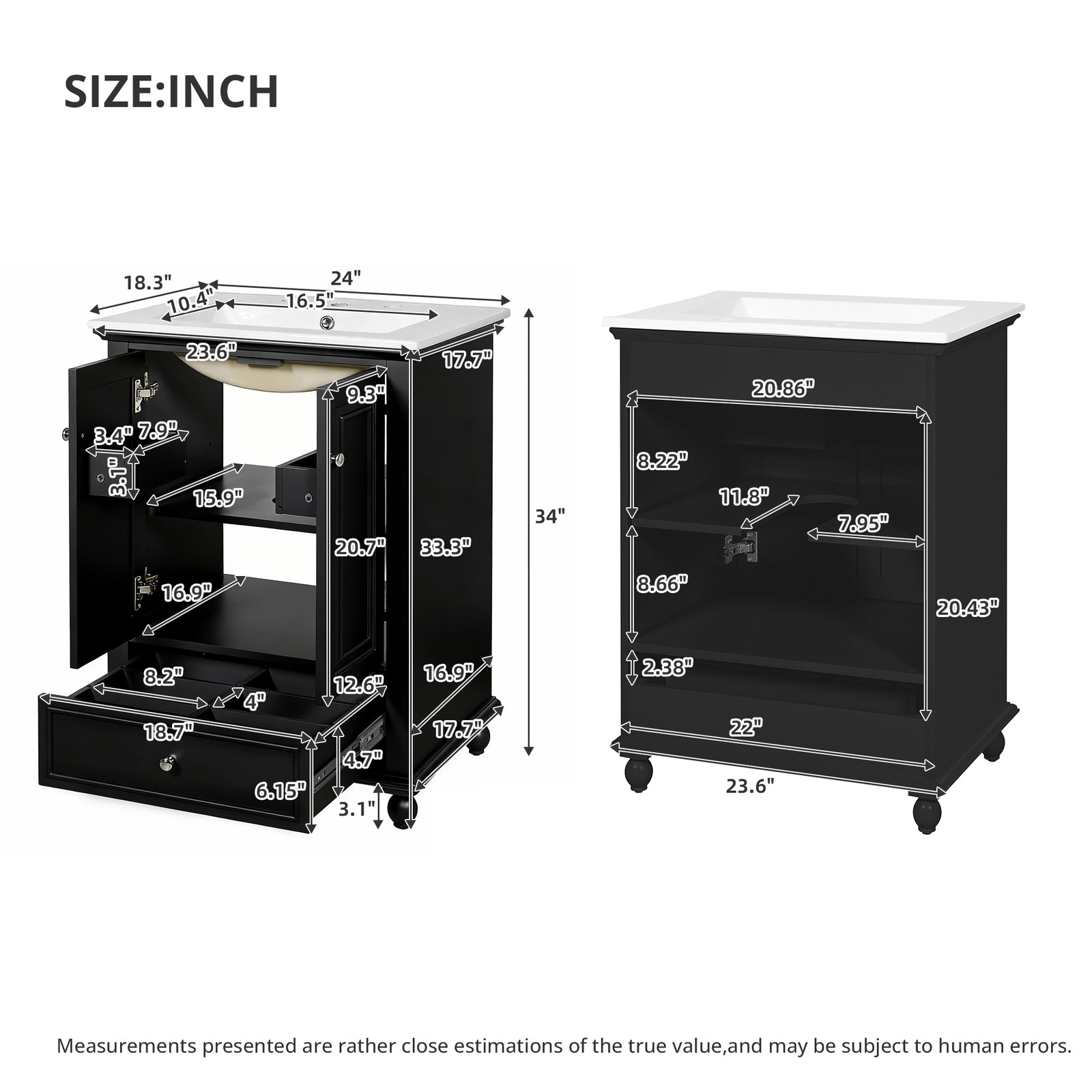 FUNIDEE 24″ Bathroom Vanity Storage Cabinet with Ceramic Sink & Drawer Black