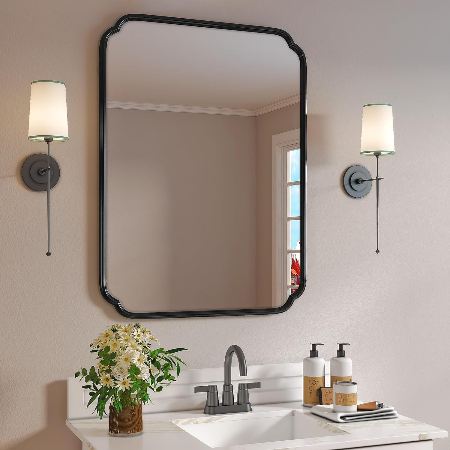 Modern Black Bathroom Vanity Mirror 24″ x 36″ with Metal Frame, Rounded Corners
