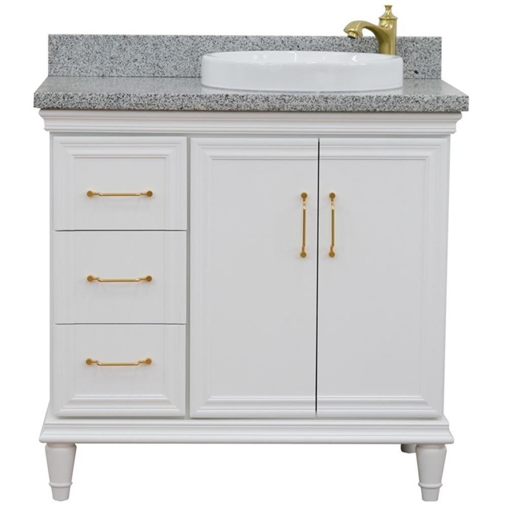 37 in. Single Wooden Vanity White Gray Granite Round Right Door.Right Sink