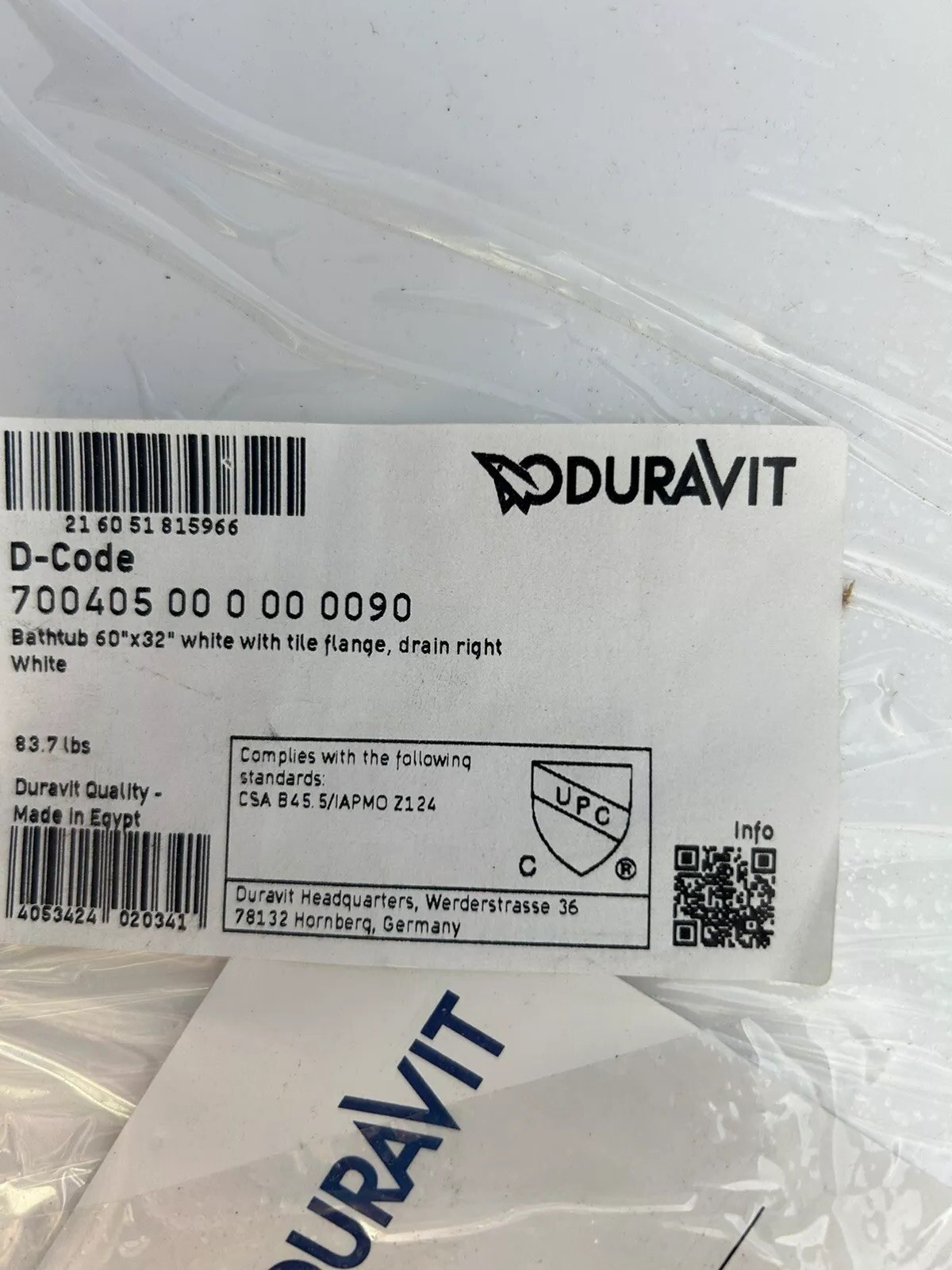 Duravit D-Code 700405 Drop in Bathtub 60”X32”, White. No Installation Accesories