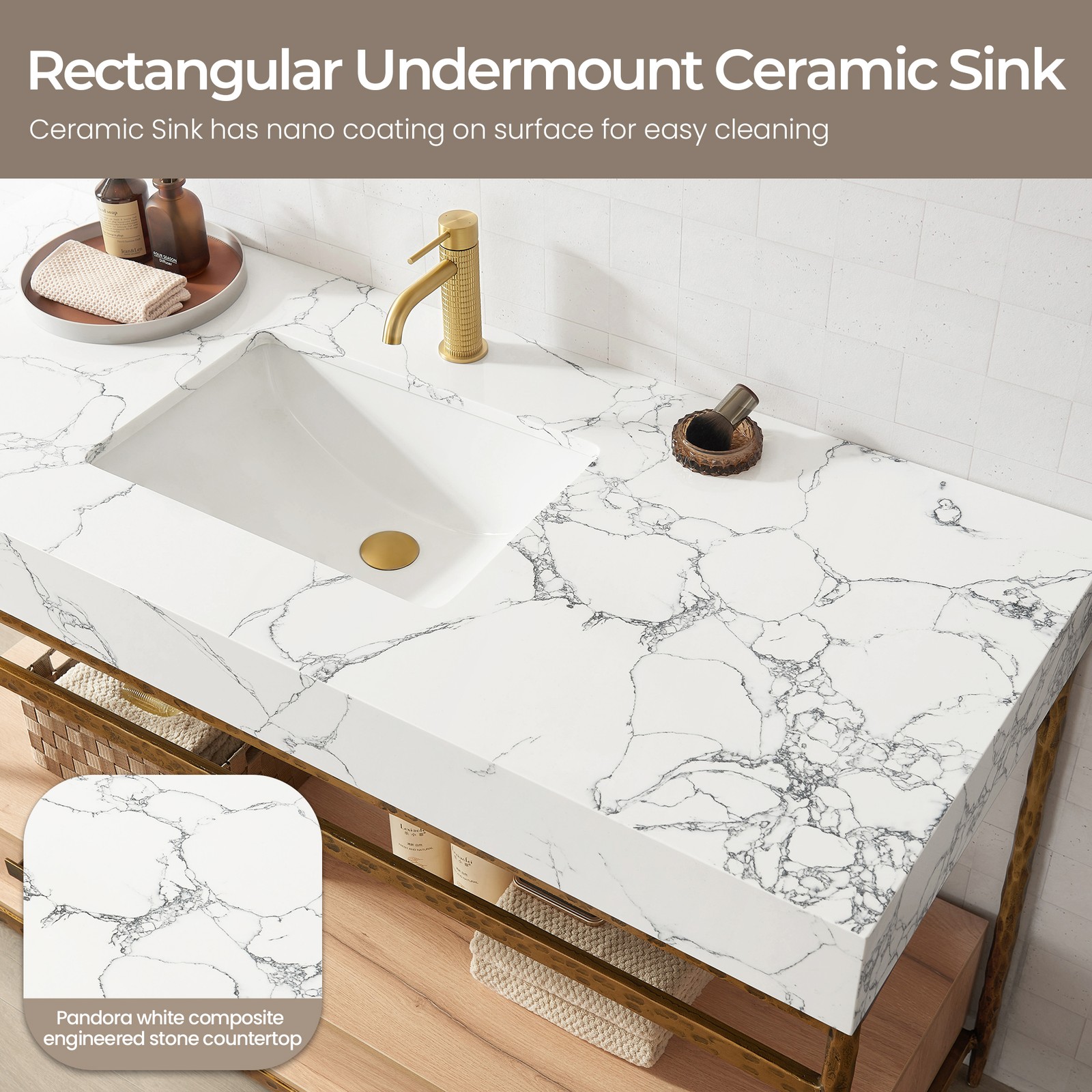 Dhaka 55″ Single Vanity in Yellow Bronze Metal Support with Composite Stone Top