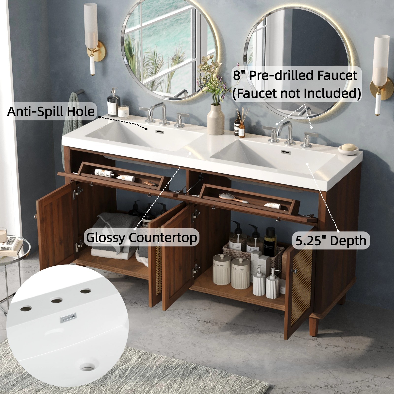 60 Inch Bathroom Vanity with Double Sink,Large Storage Space with 2 Tip-Out Tray