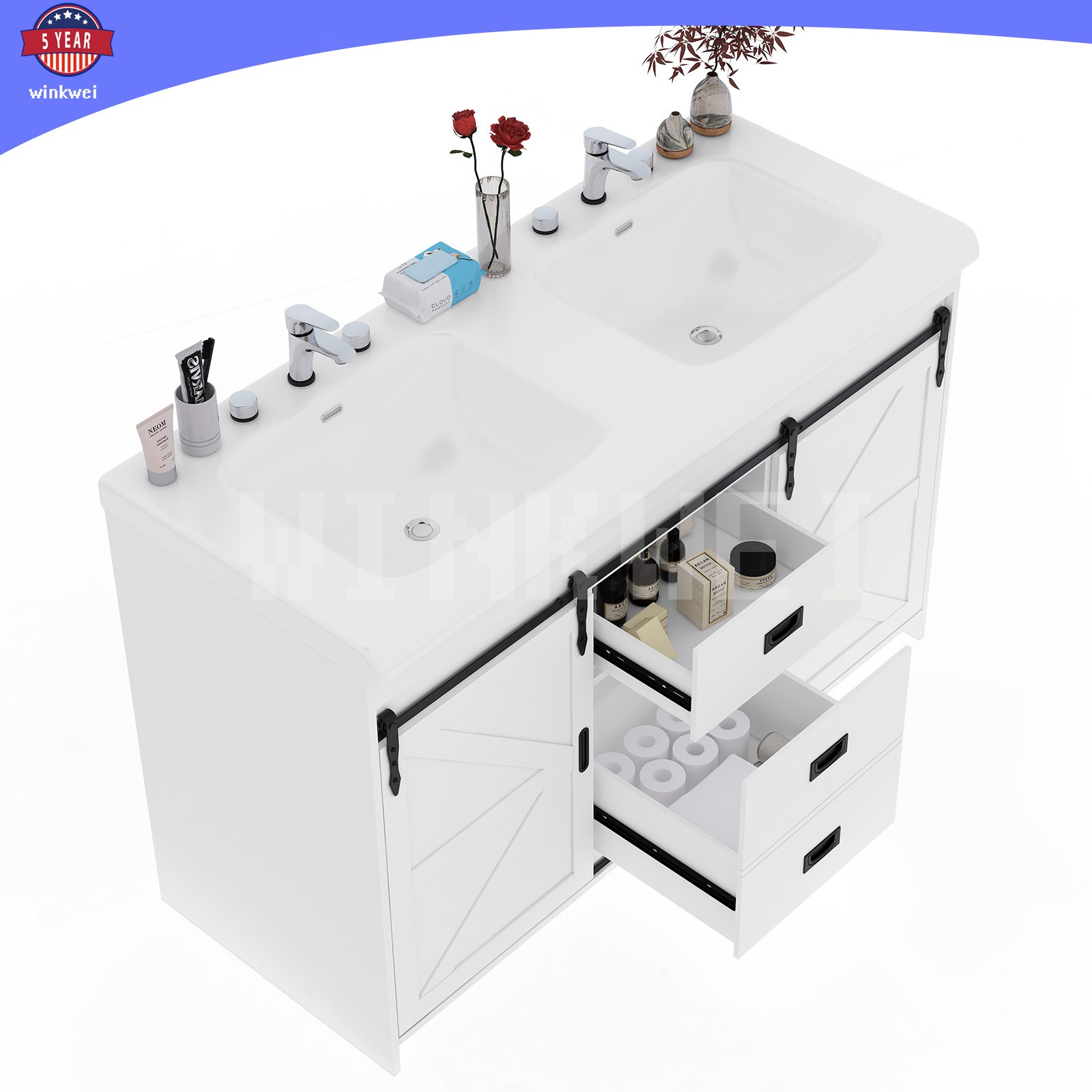 47.3″ Bathroom Vanity w/2 Ceramic Sink Cabinet w/Sliding Doors ,2 Drawers White