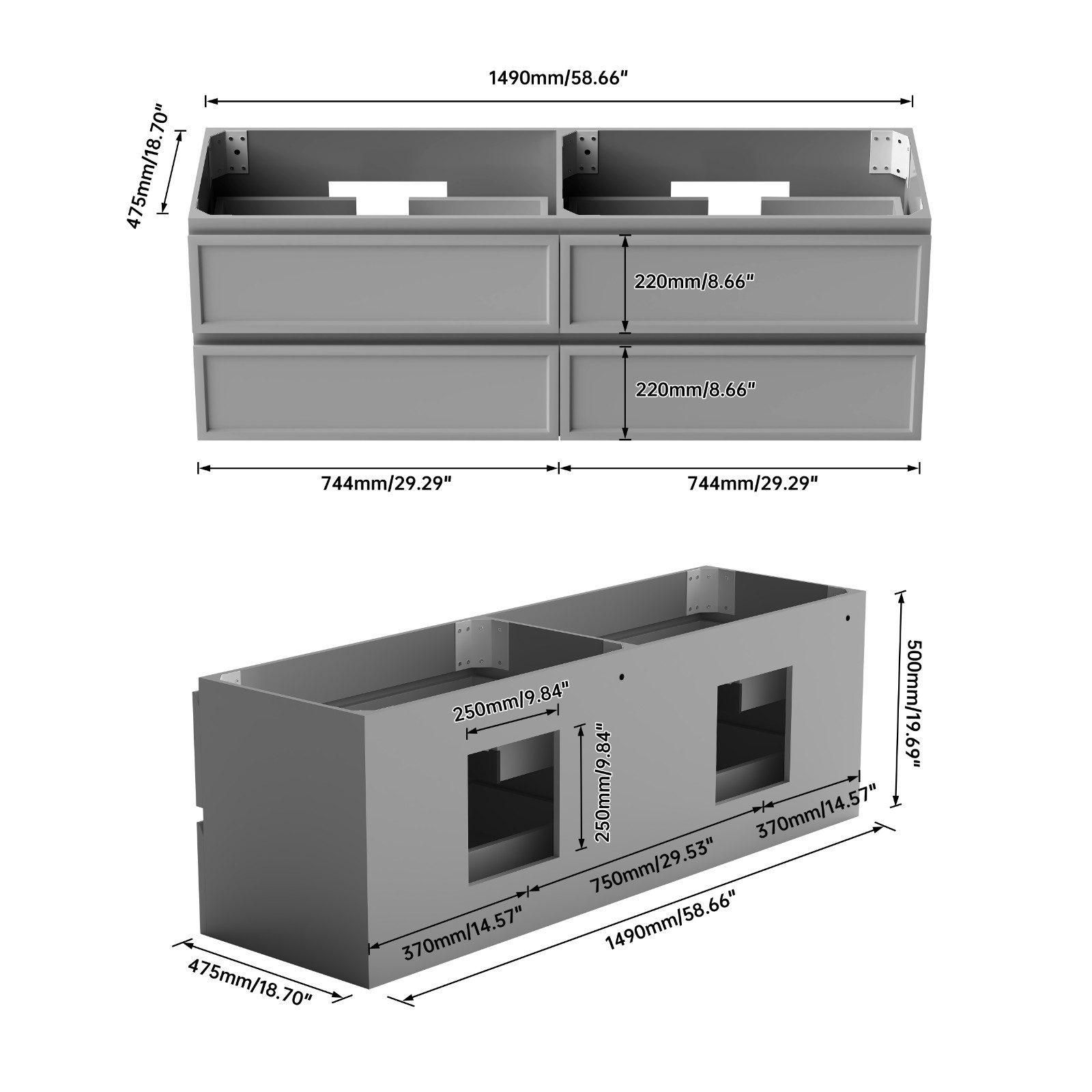 59” PVC Wall Mounted Floating Bathroom Vanity only base
