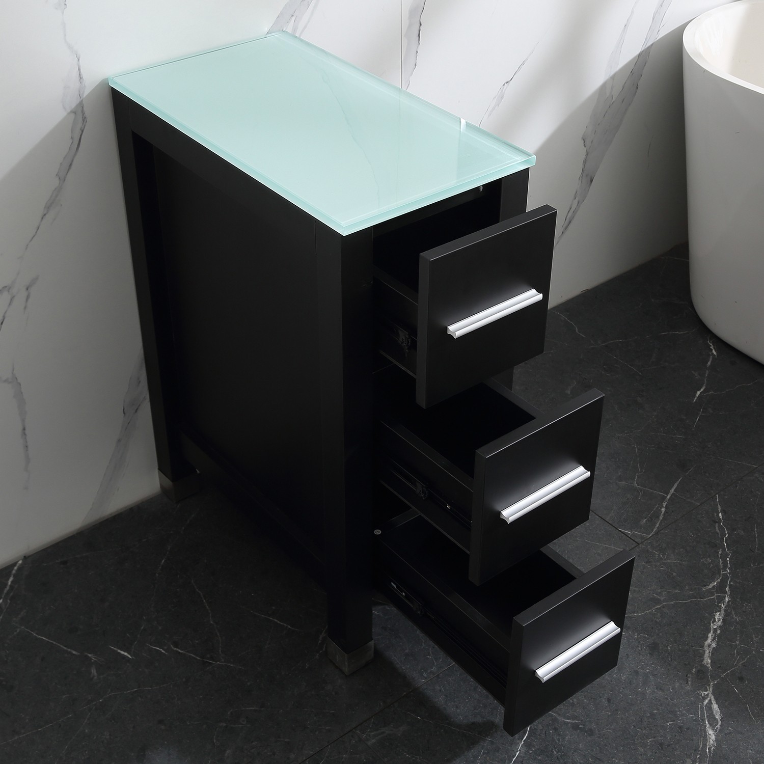 11.8 inch Bathroom Vanity Small Drawer Cabinet Glass Top Black with 3 Drawers