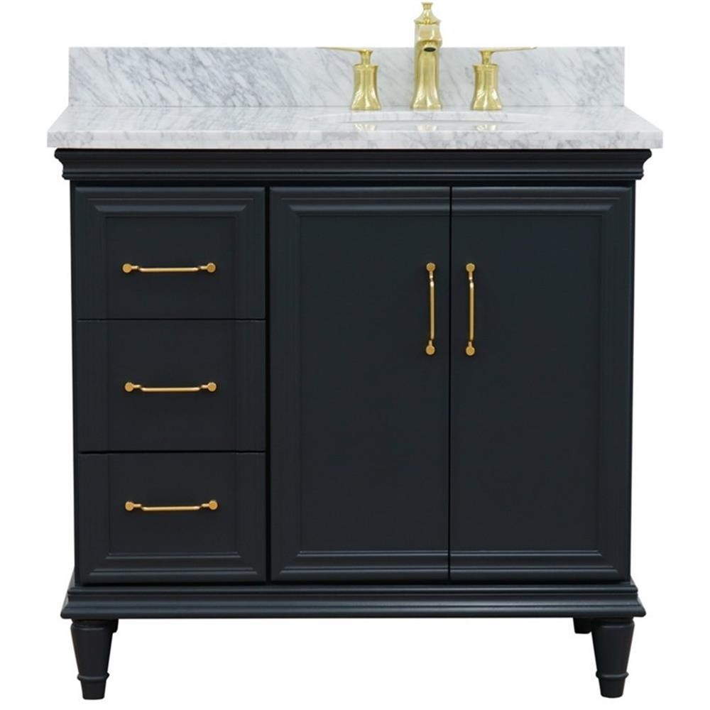 37 in. Single Wooden Vanity Dark Gray White Carrara Oval Right Door.Right Sink