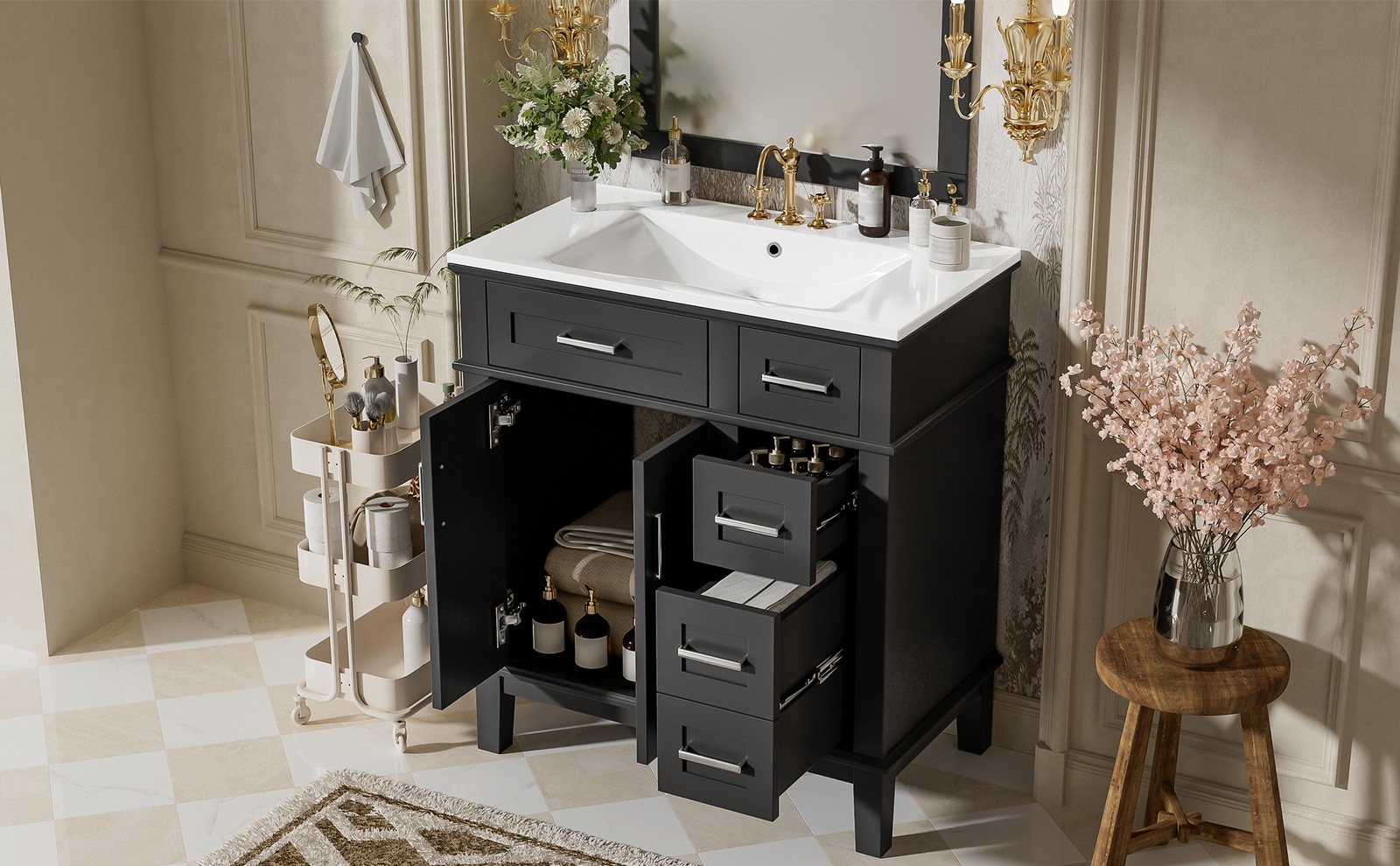 30″ Bathroom Vanity with Ceramic Sink, Soft-Close Doors & Drawers