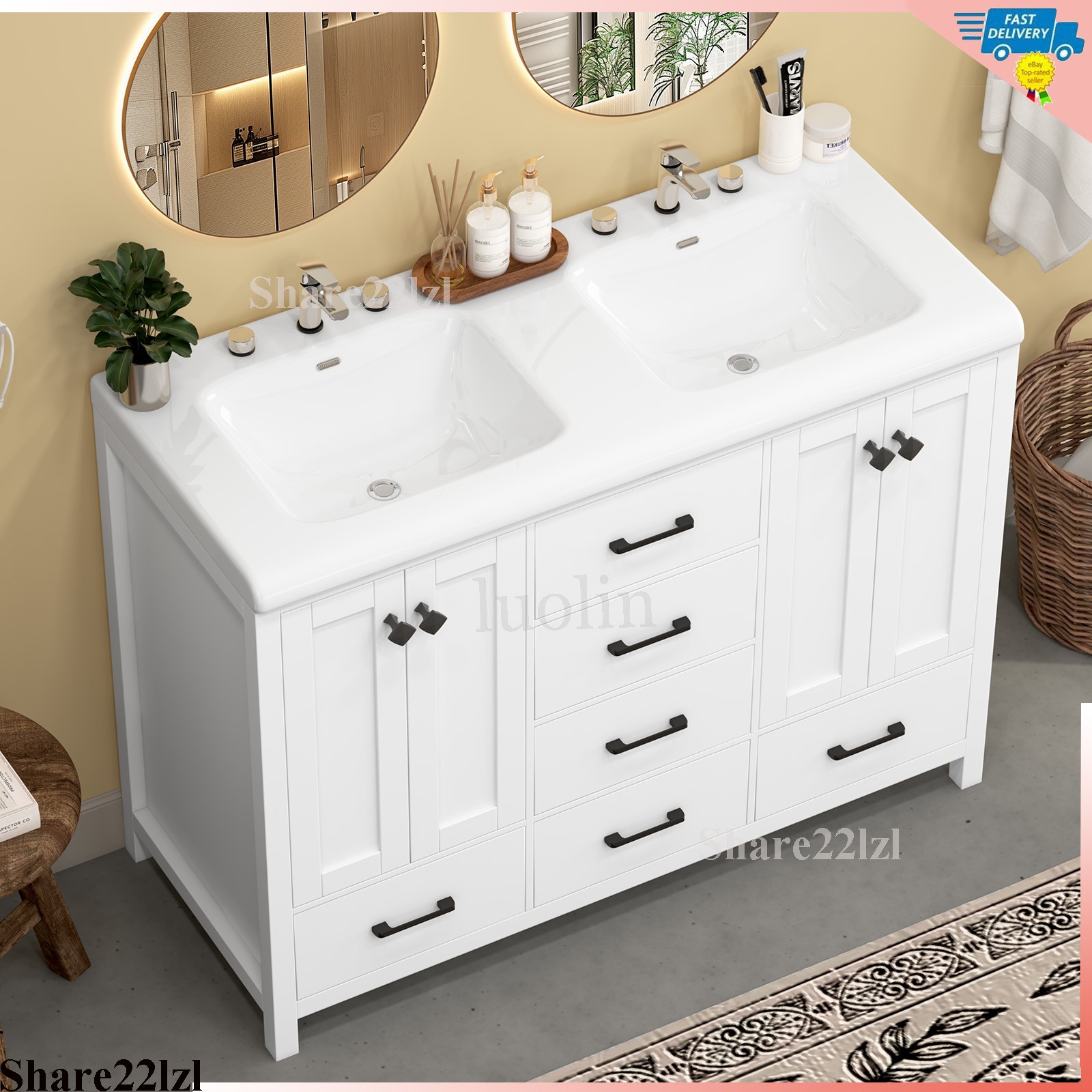 47″ Bathroom Vanity Storage Cabinet with Double Ceramic Sink White Freestanding