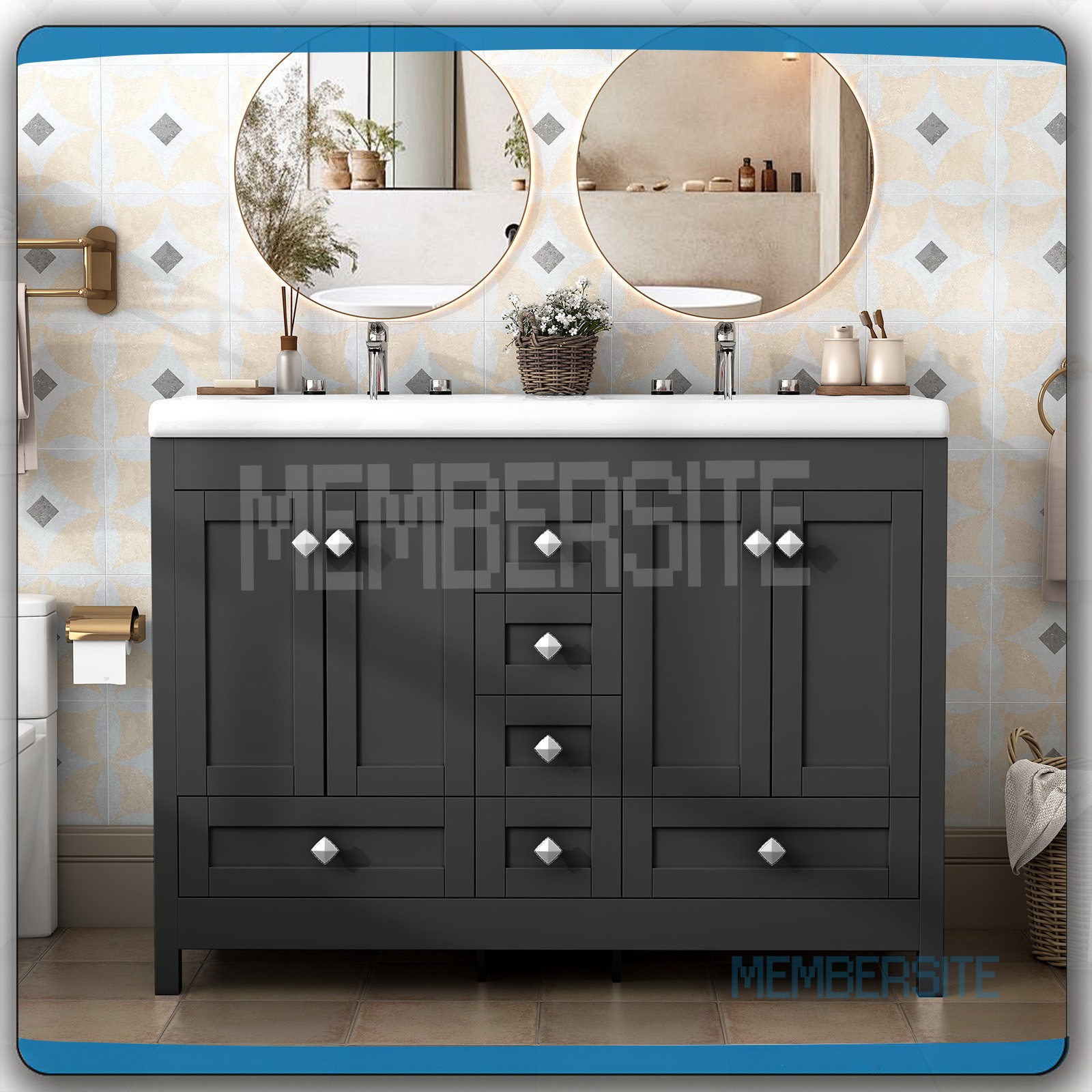 Black 47.3″ Bathroom Vanity Cabinet w/ 2 Ceramic Sinks Vanity Cabinet 6 Drawers