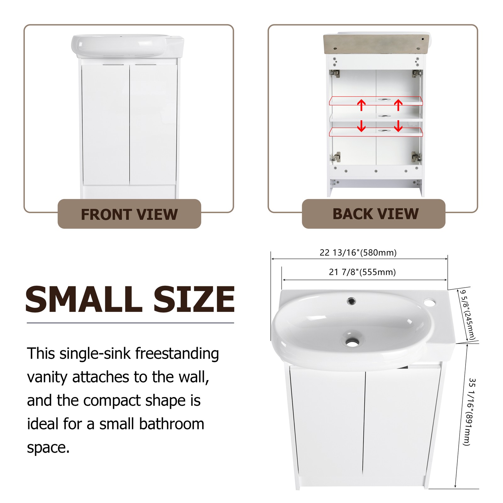 23″ Plywood Freestanding Bathroom Vanity Ceramic Sink Basin +Storage Rack White